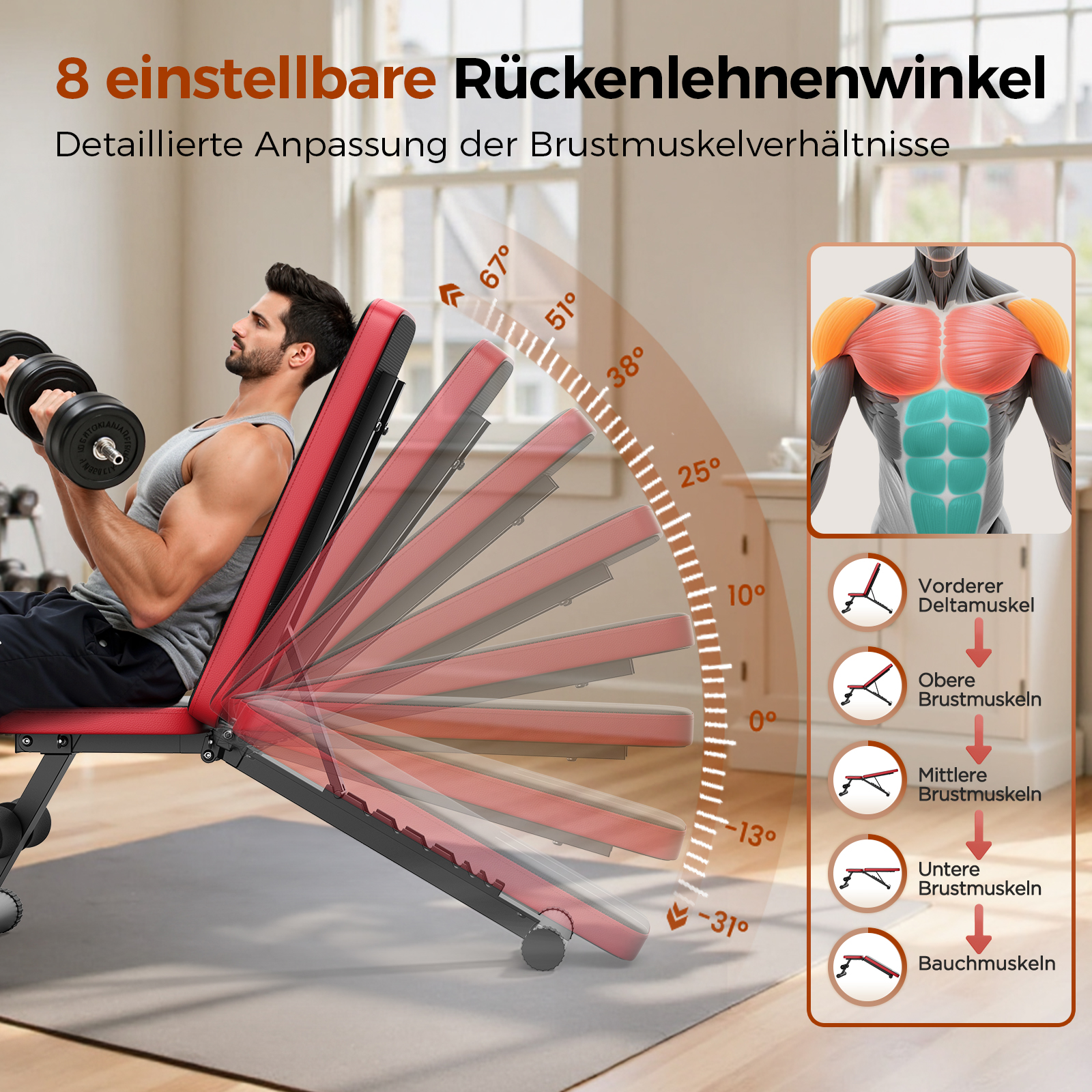 Mann trainiert mit Hanteln auf einer verstellbaren Hantelbank mit Winkelanzeige.