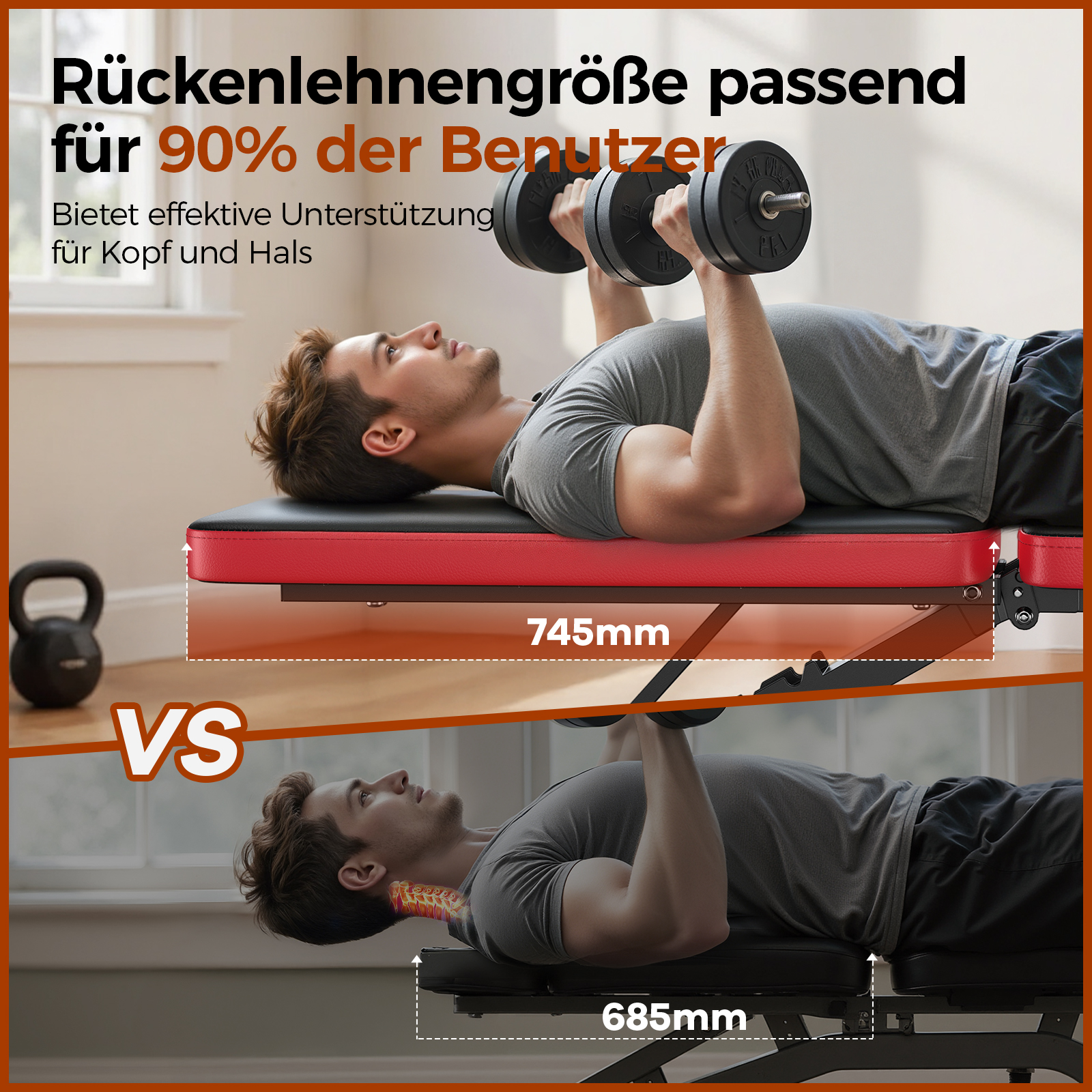 Mann hebt Hanteln auf einer Hantelbank, die Rückenlehne hat 745mm und 685mm.
