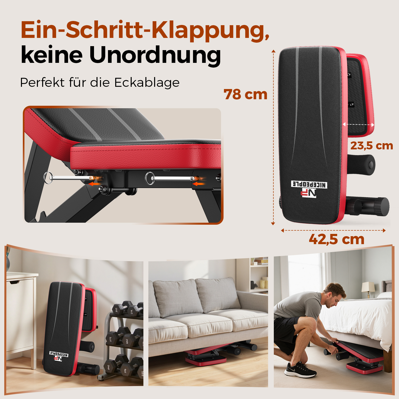 Ein rotes und schwarzes Fitnessgerät wird in verschiedenen Szenarien gezeigt, mit Maßen.