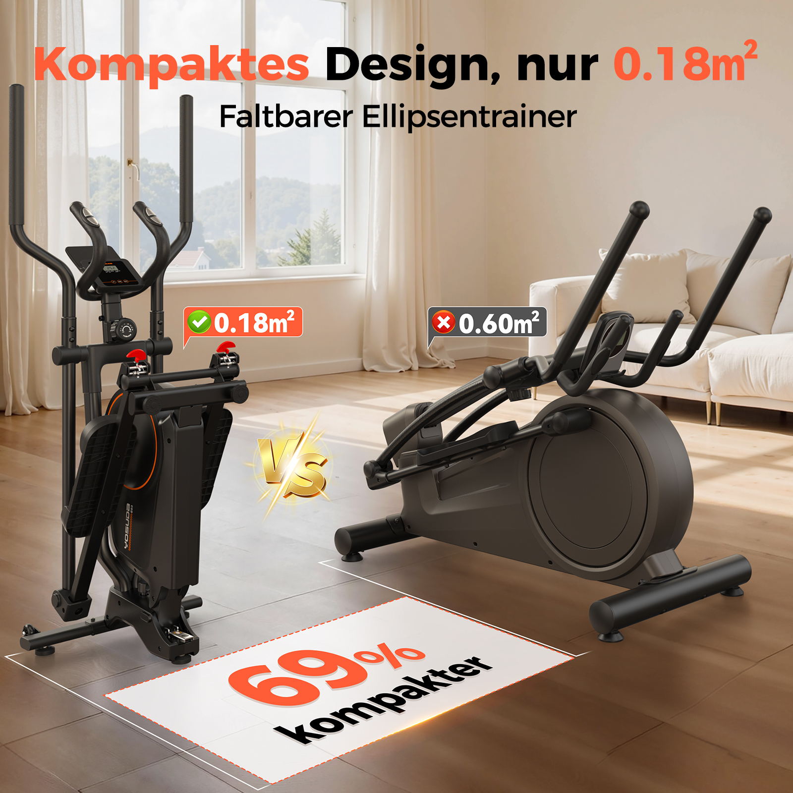 Kompakter, faltbarer Ellipsentrainer (0,18m²) vs. großer (0,60m²).