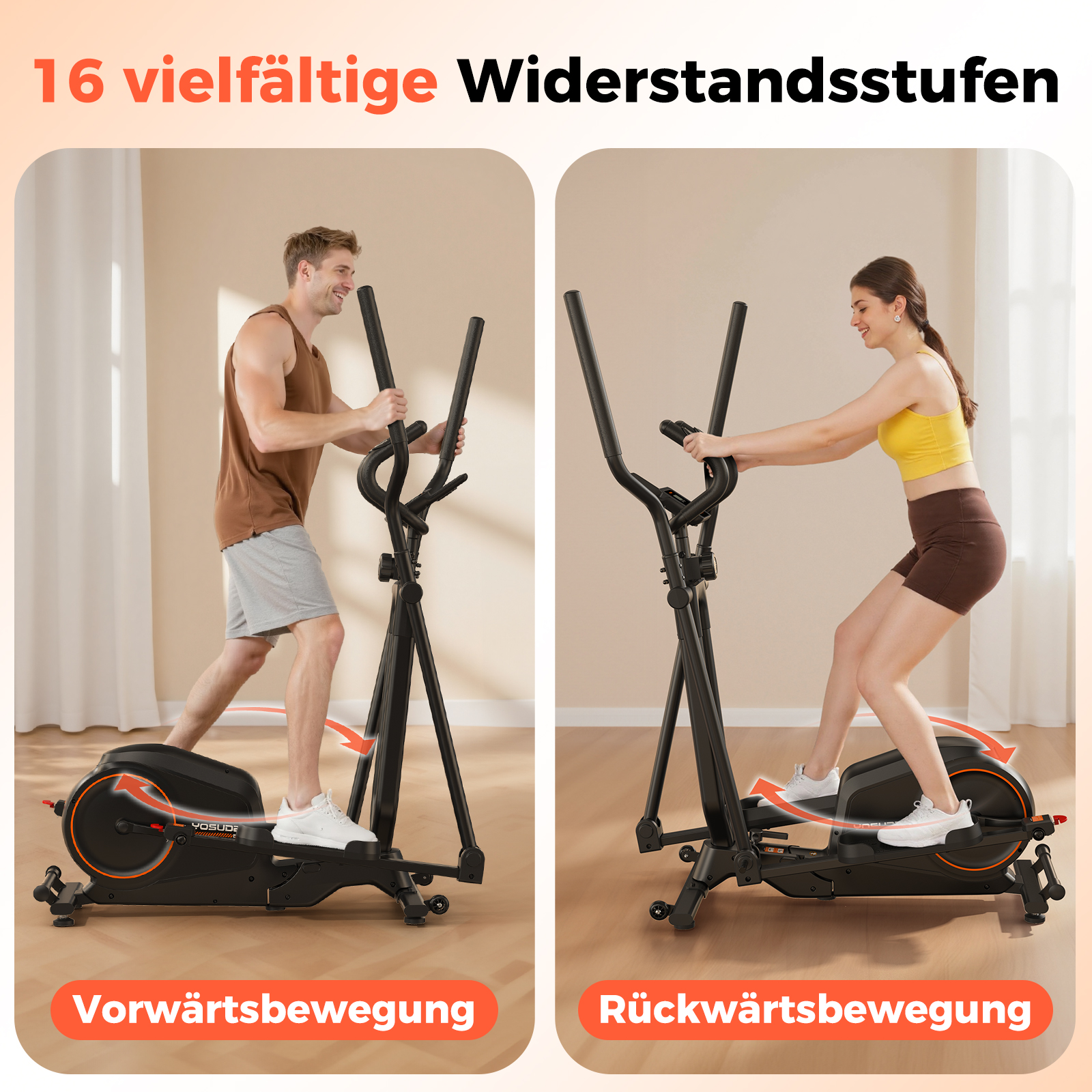 Mann und Frau auf Ellipsentrainern, Vorwärts- und Rückwärtsbewegung.