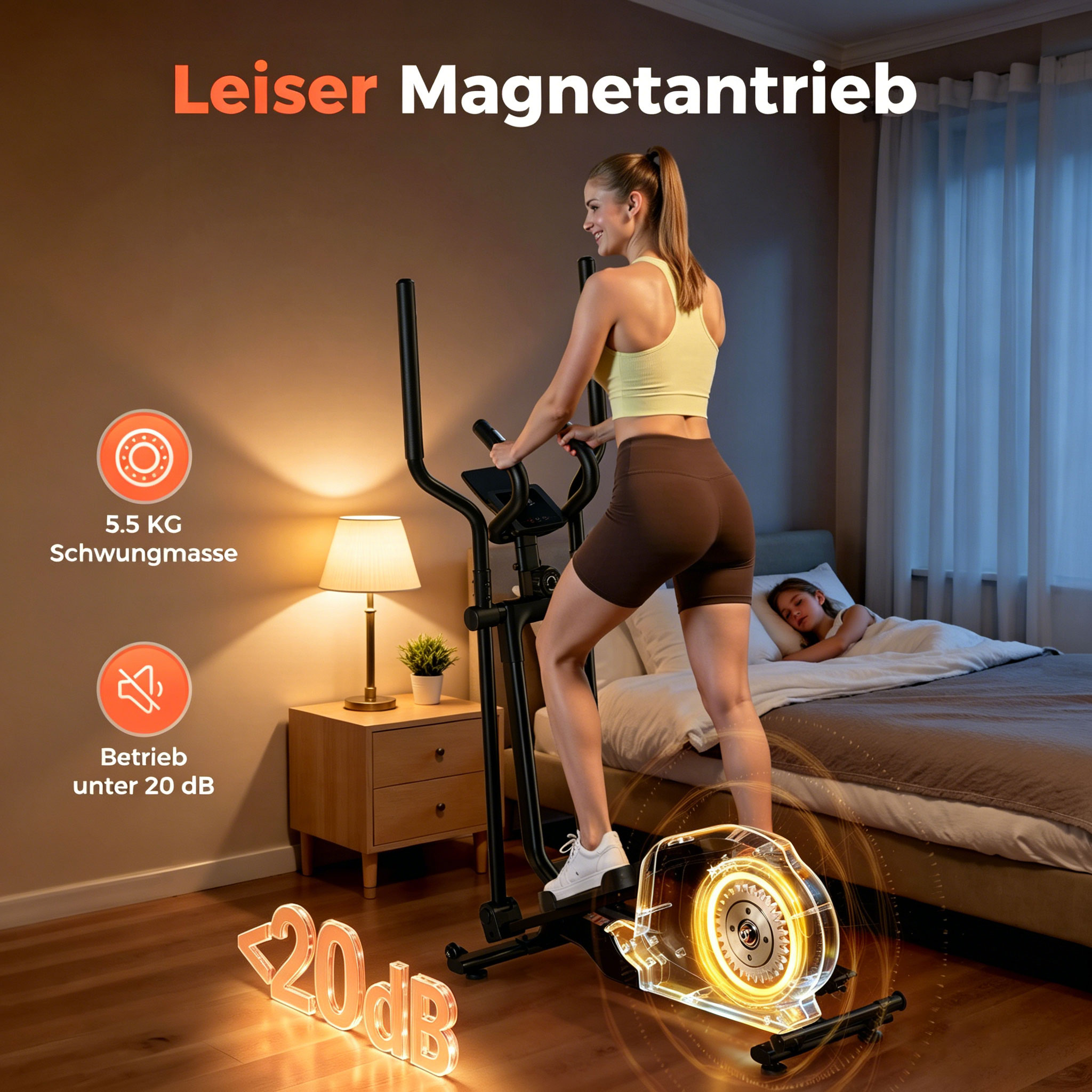 Frau trainiert auf einem Heimtrainer, während ein Kind schläft.