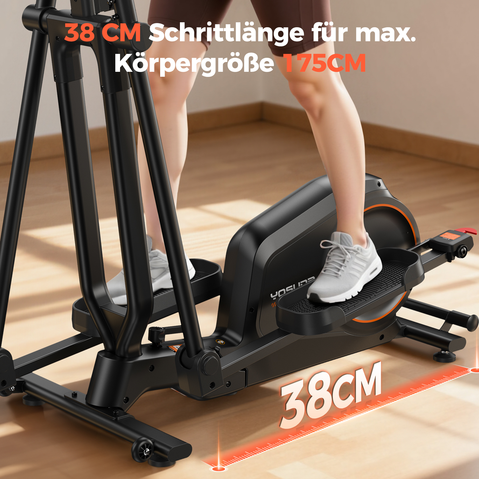 Ein schwarzes Ellipsentrainer mit Füßen in Turnschuhen, 38cm Schrittlänge.