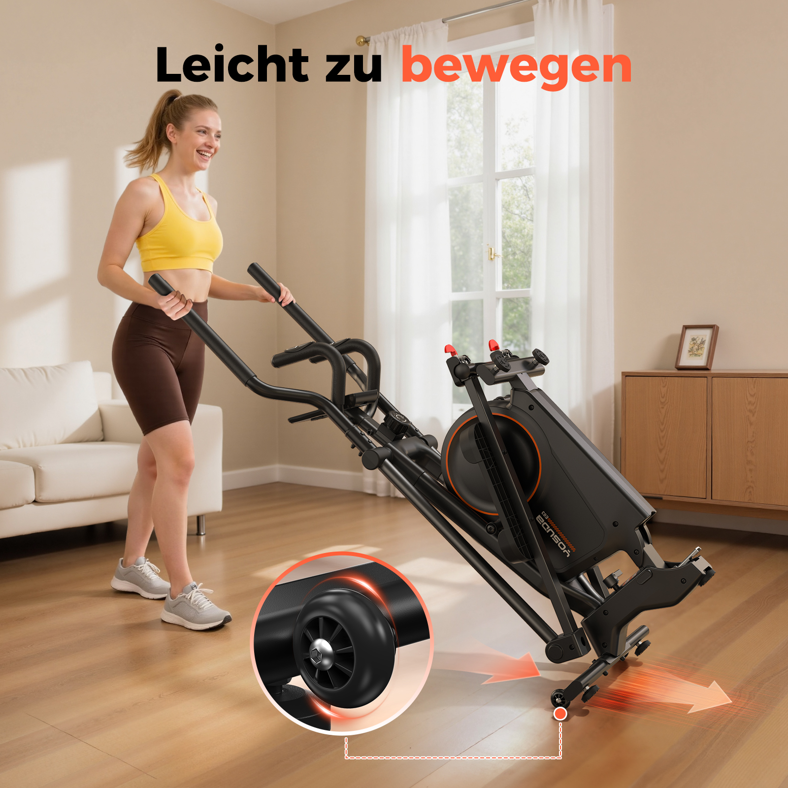Eine Frau trainiert auf einem Heimtrainer in einem Wohnzimmer.