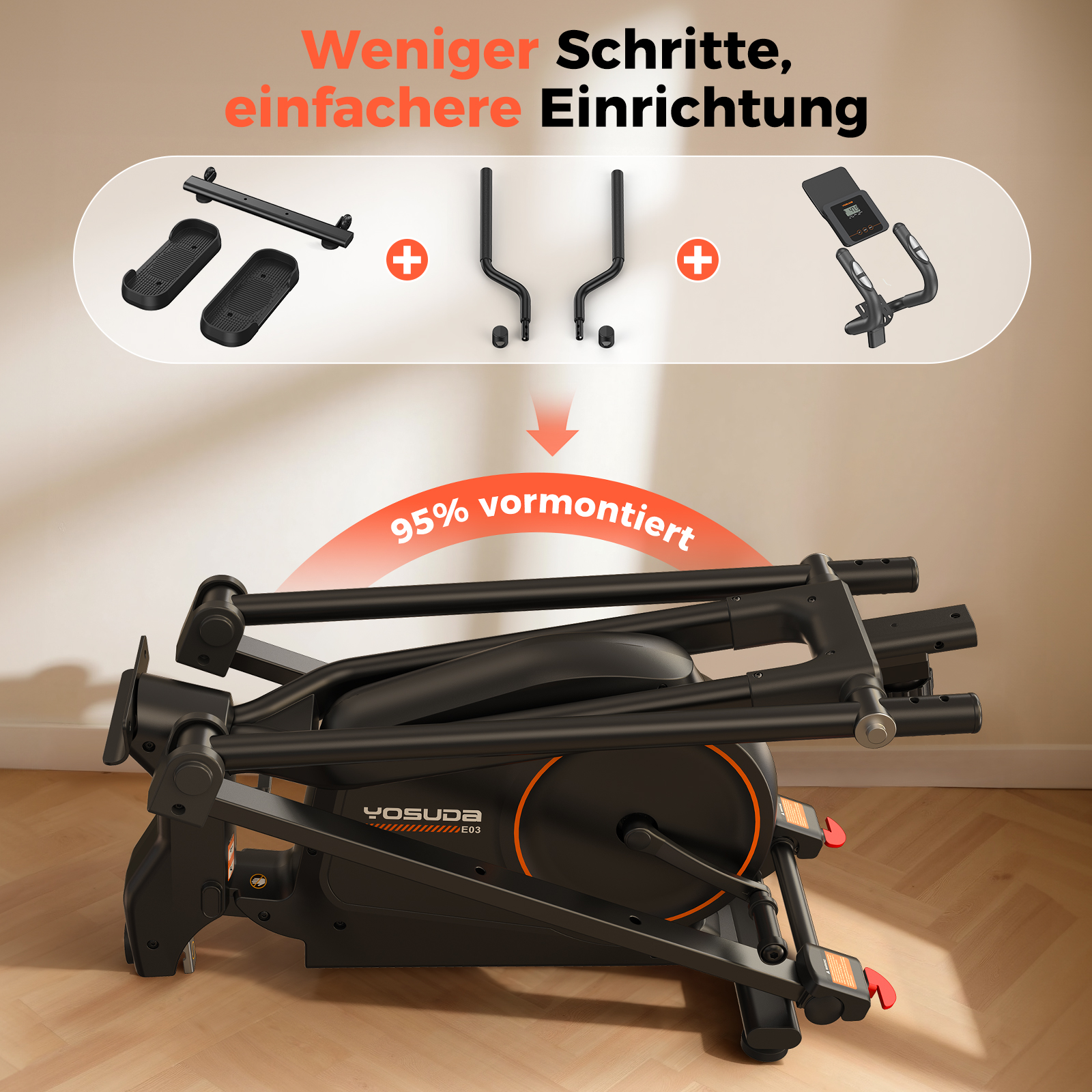 Ein zusammengeklappter Heimtrainer mit abnehmbaren Pedalen und Griffteilen.