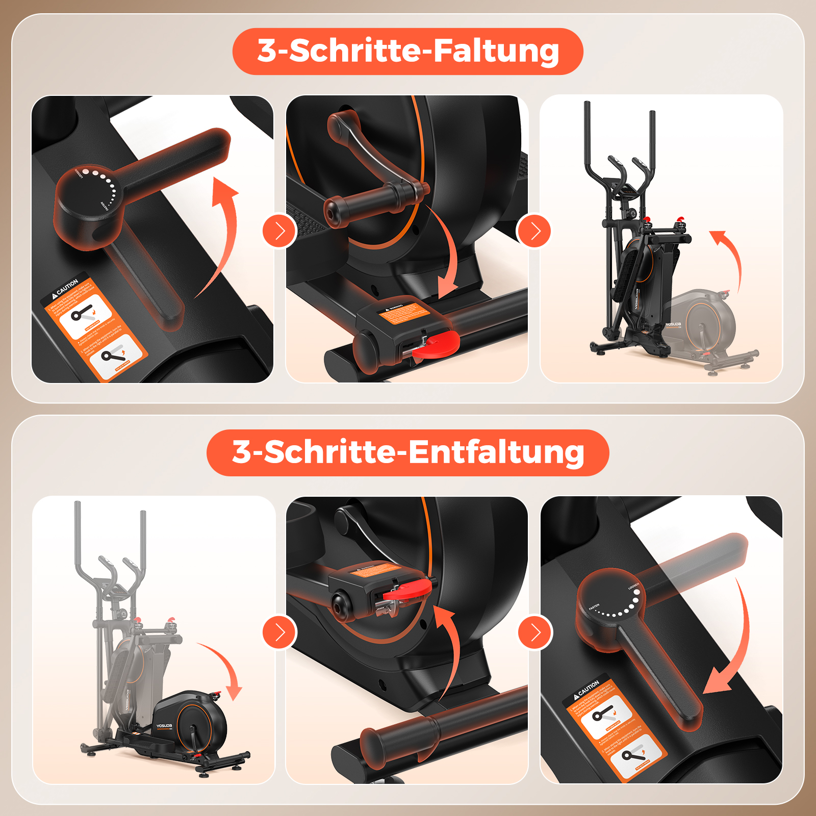 Schritt-für-Schritt-Anleitung zum Falten und Entfalten eines Heimtrainers mit Verriegelungsmechanismus.
