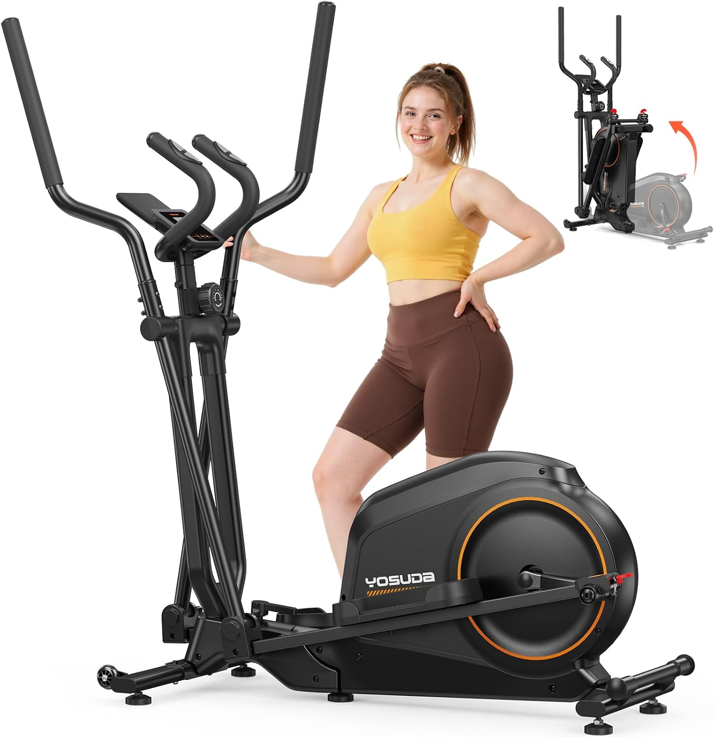 Eine Frau in Sportkleidung steht neben einem schwarzen Heimtrainer. Unten rechts ist eine zusammenklappbare Version.