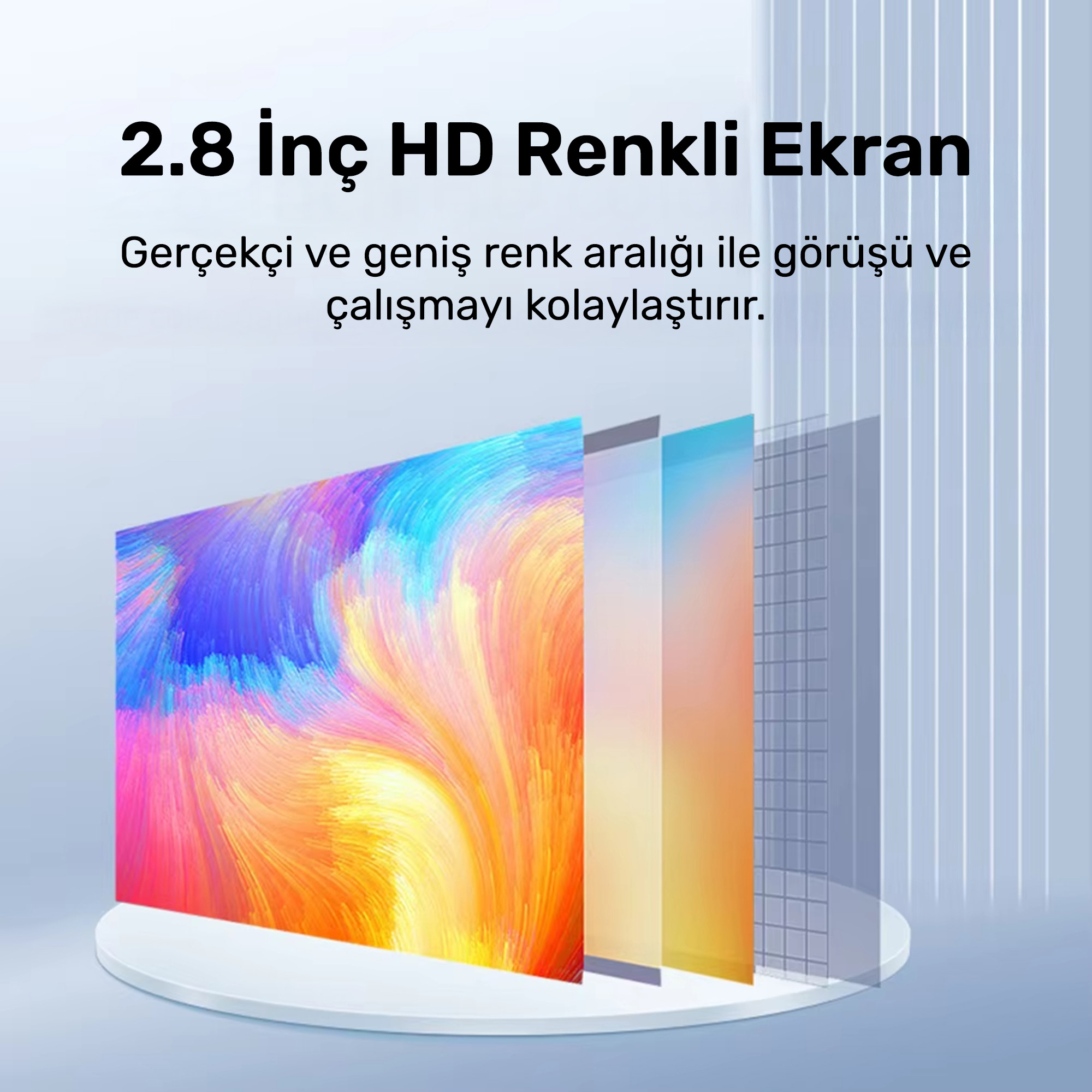 Canlı renkler ve ızgara deseni gösteren bir ekranın 3B sunumu.