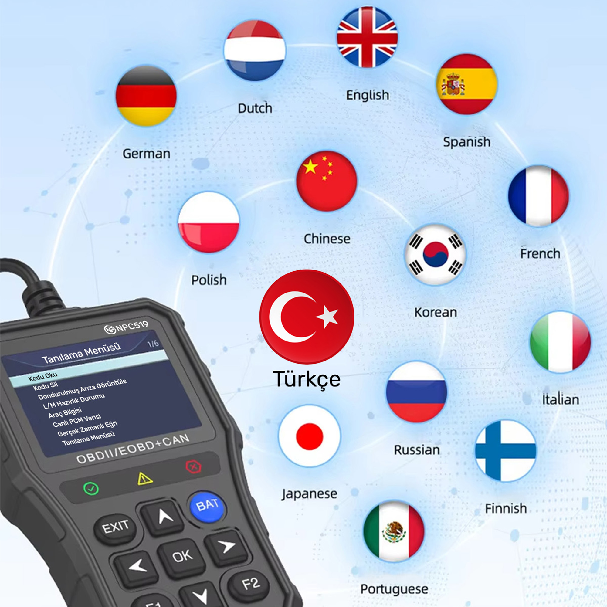 Bir teşhis cihazı bayraklarla dil seçeneklerini gösterir. Almanca, İngilizce, İspanyolca, Fransızca, İtalyanca, Felemenkçe, Lehçe, Türkçe, Rusça, Çince, Korece, Japonca, Fince, Portekizce.
