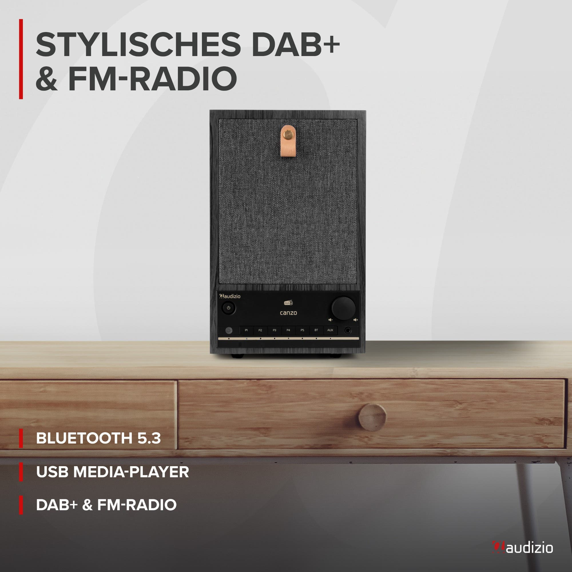 Una elegante radio DAB+/FM con Bluetooth 5.3 y USB en un escritorio de madera.