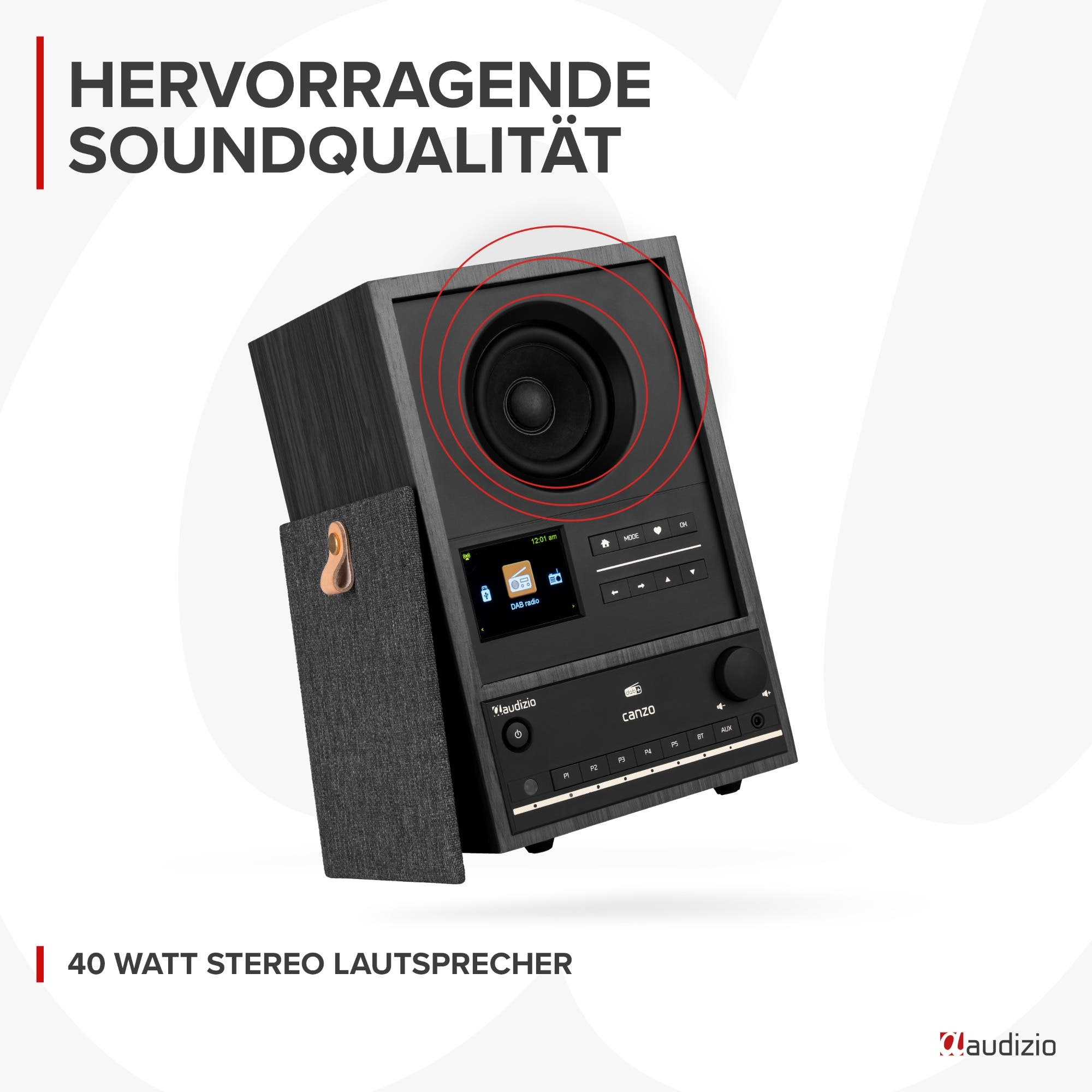 Un altavoz gris con detalles de madera, pantalla y botones de control.