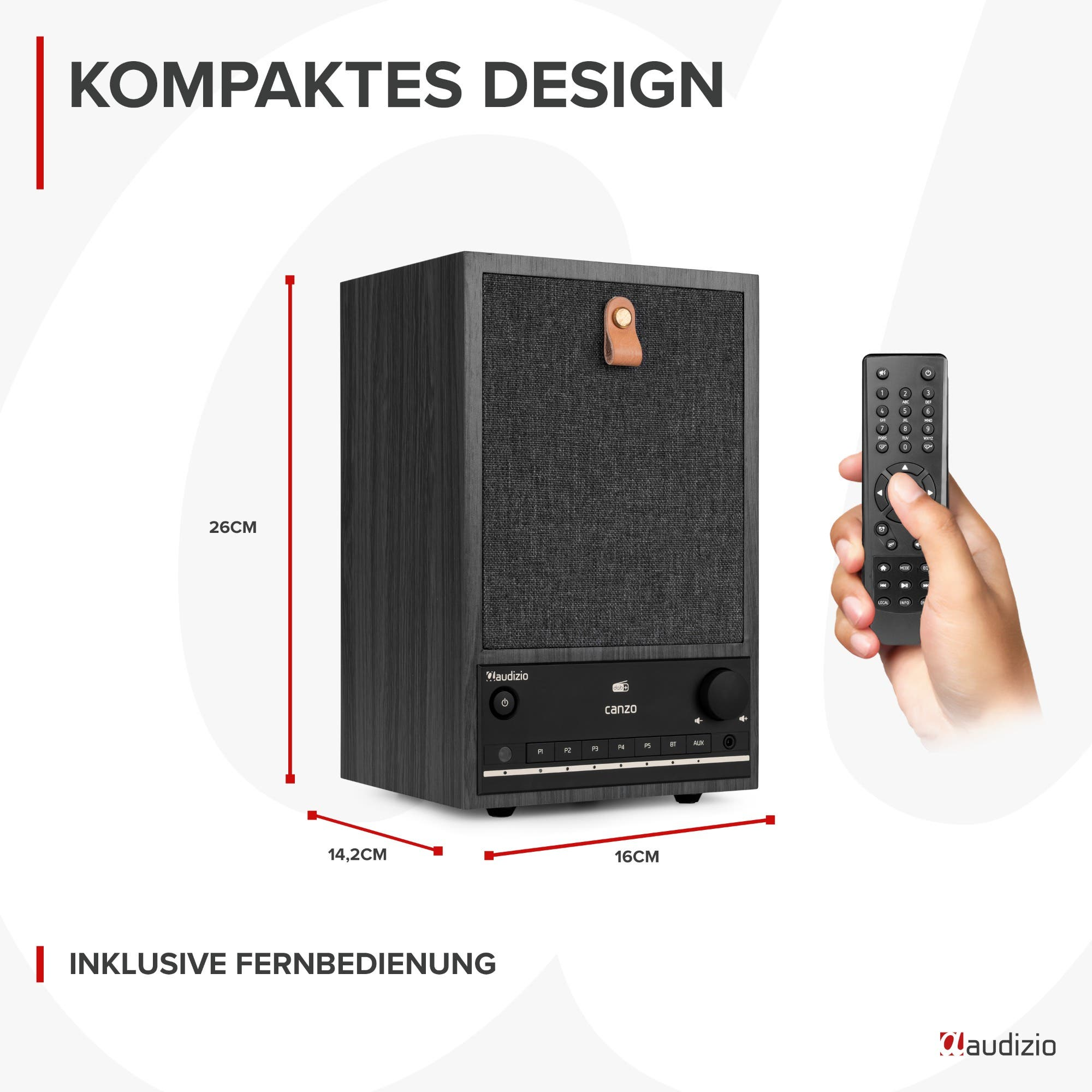 Altavoz negro compacto con mando a distancia en la mano. Se muestran las dimensiones.