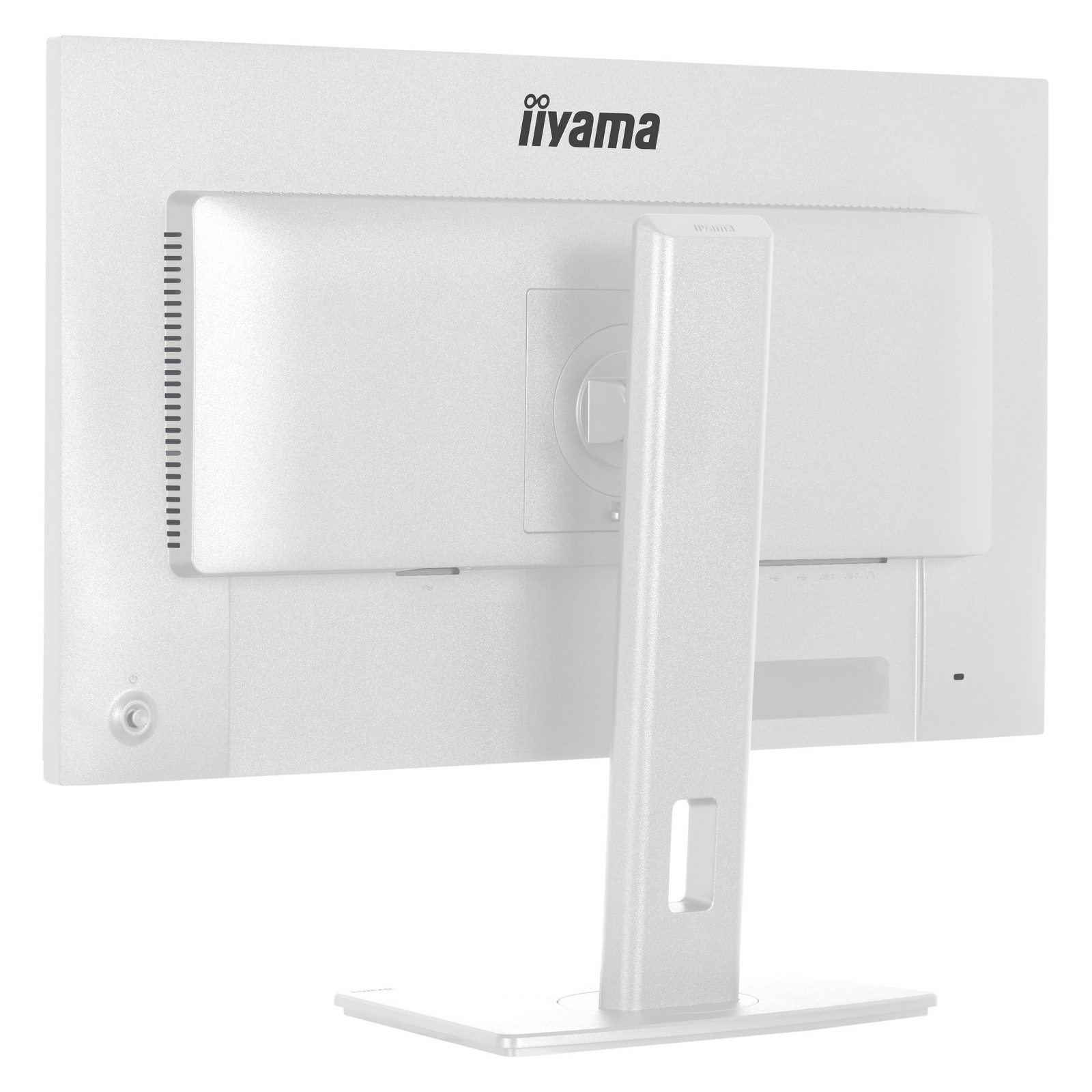 Parte trasera de un monitor blanco con logo Iiyama y soporte.