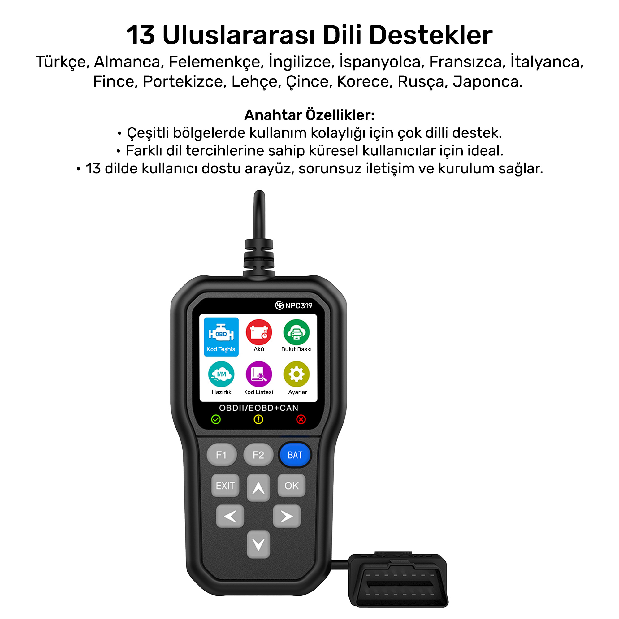 Ekranlı ve tuşlu siyah arıza tespit cihazı. 13 dil desteği sunar.