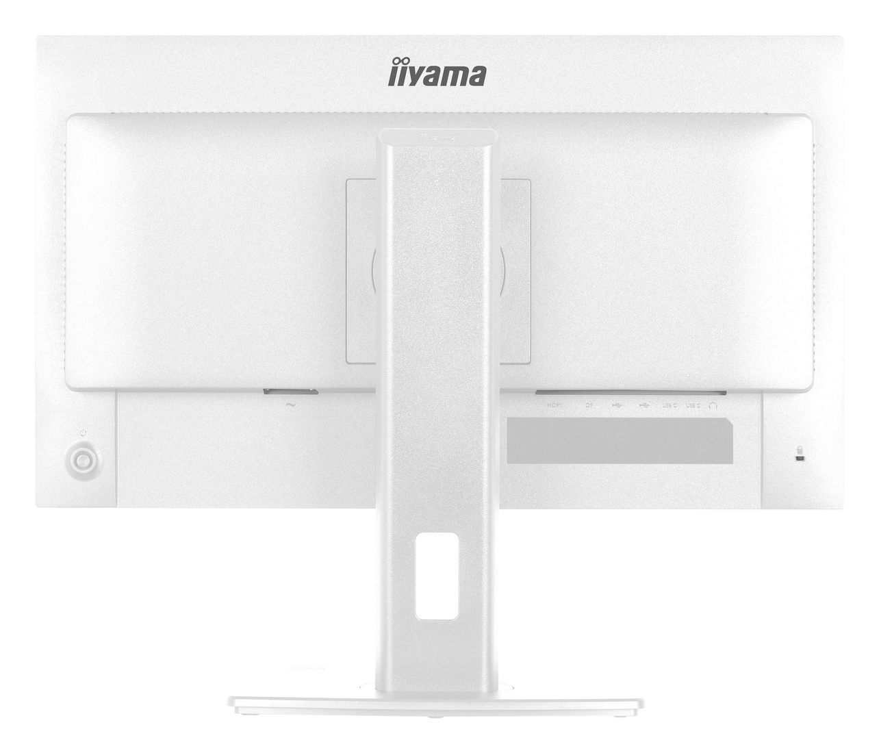 Reverso de un monitor blanco con logo iiyama, soporte y puertos.