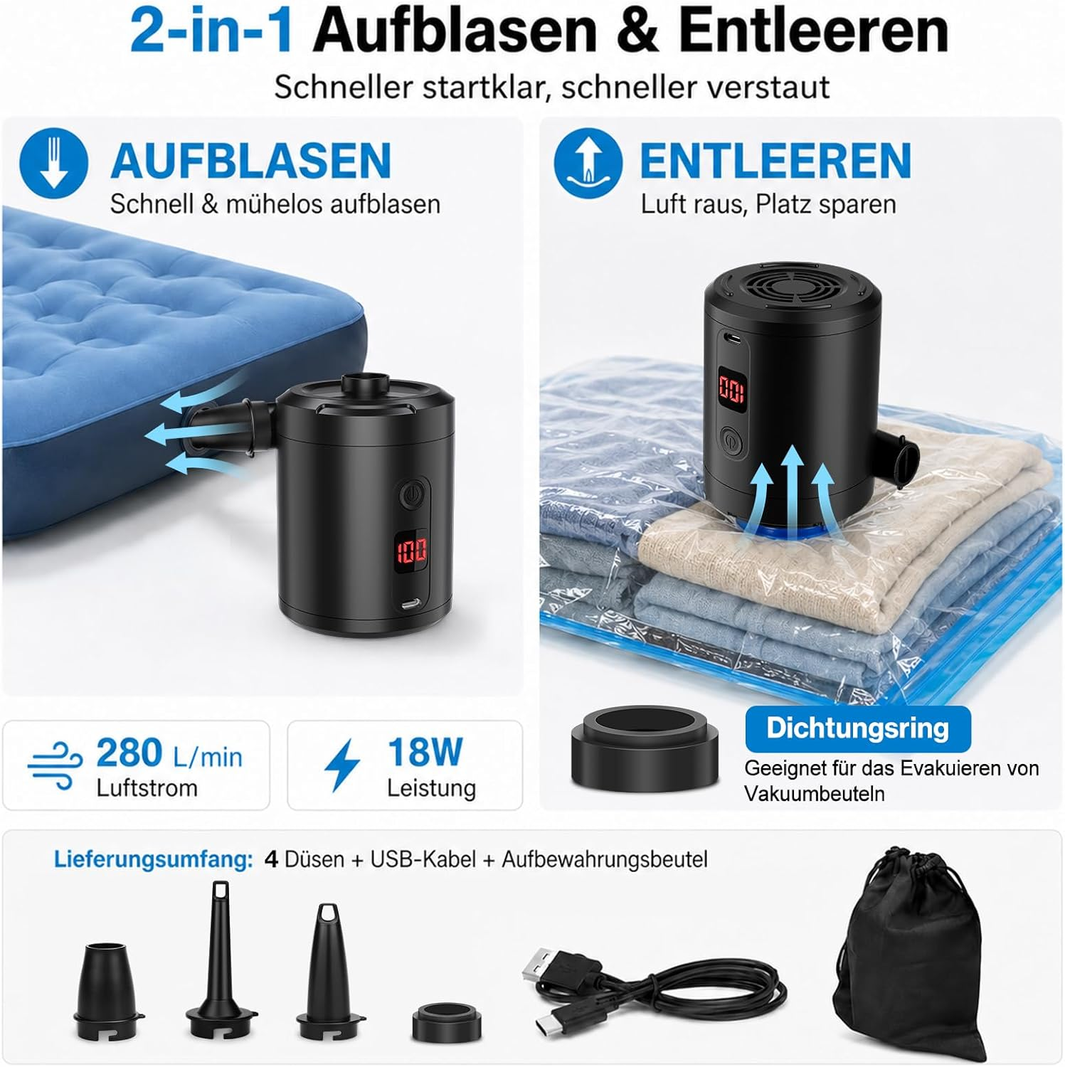 Ein 2-in-1 Luftpumpe zum Aufblasen und Entleeren, mit Zubehör.