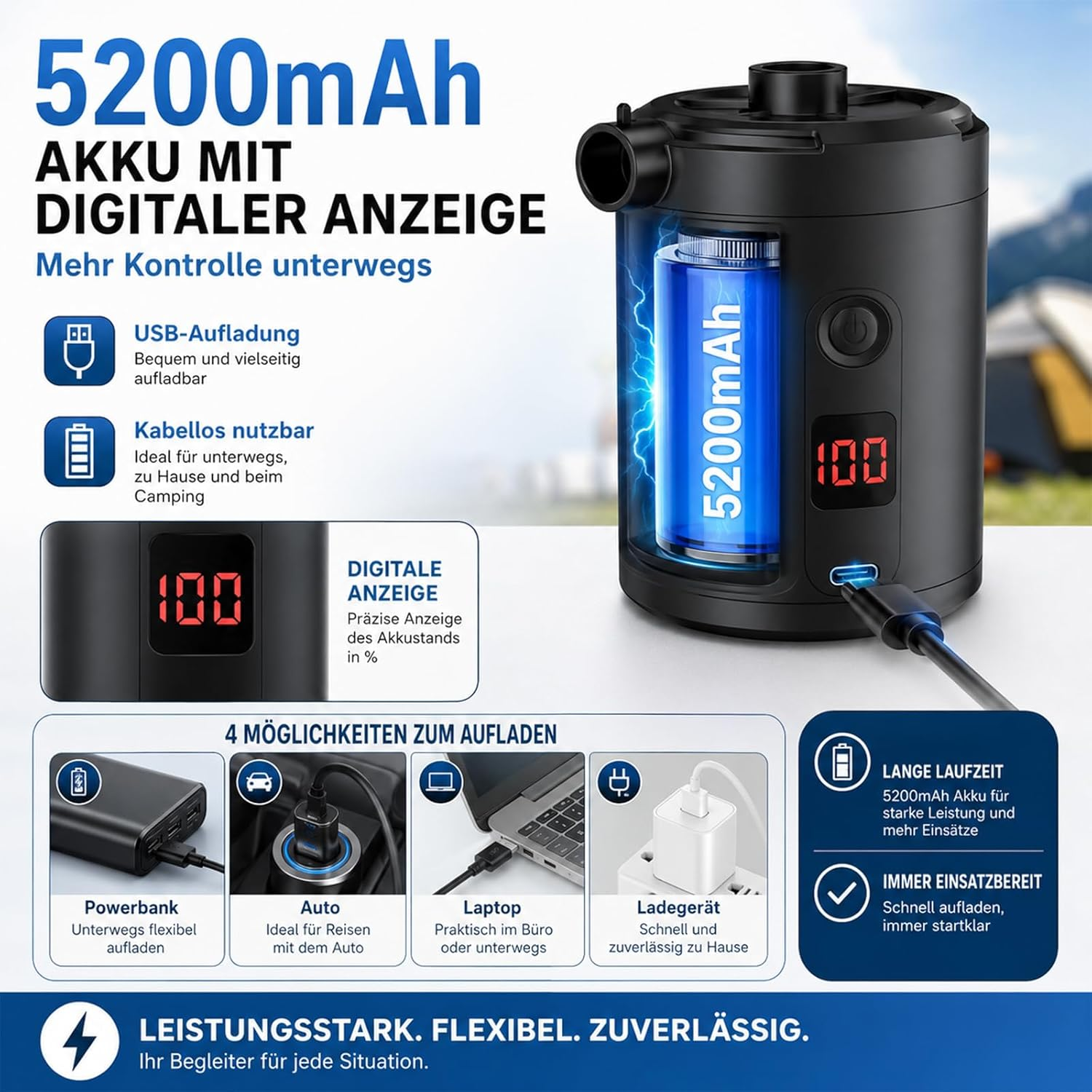 Schwarzes tragbares Ladegerät mit 5200mAh Akku, Digitalanzeige zeigt 100%, USB-Aufladung.