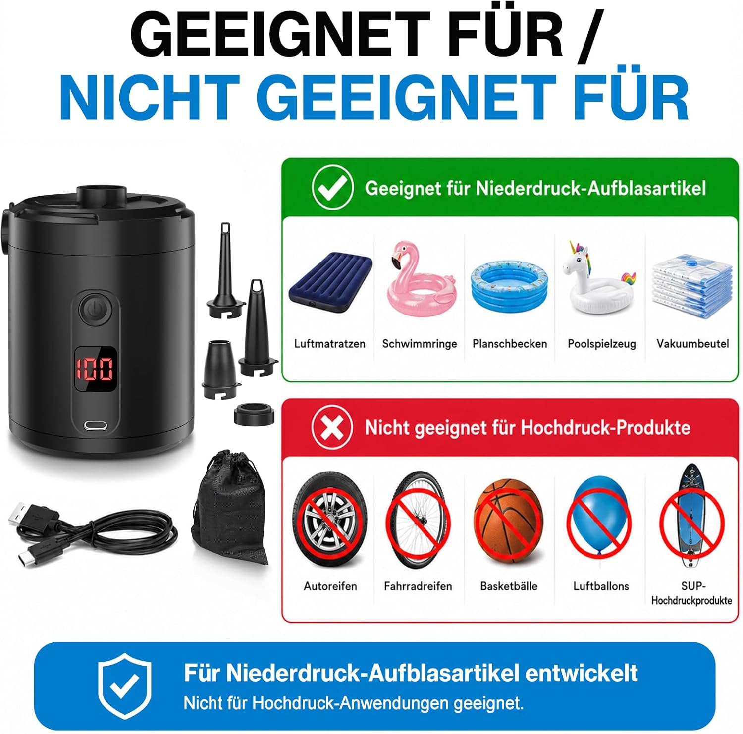Schwarzer Luftkompressor mit Zubehör, geeignet für Niederdruckartikel.