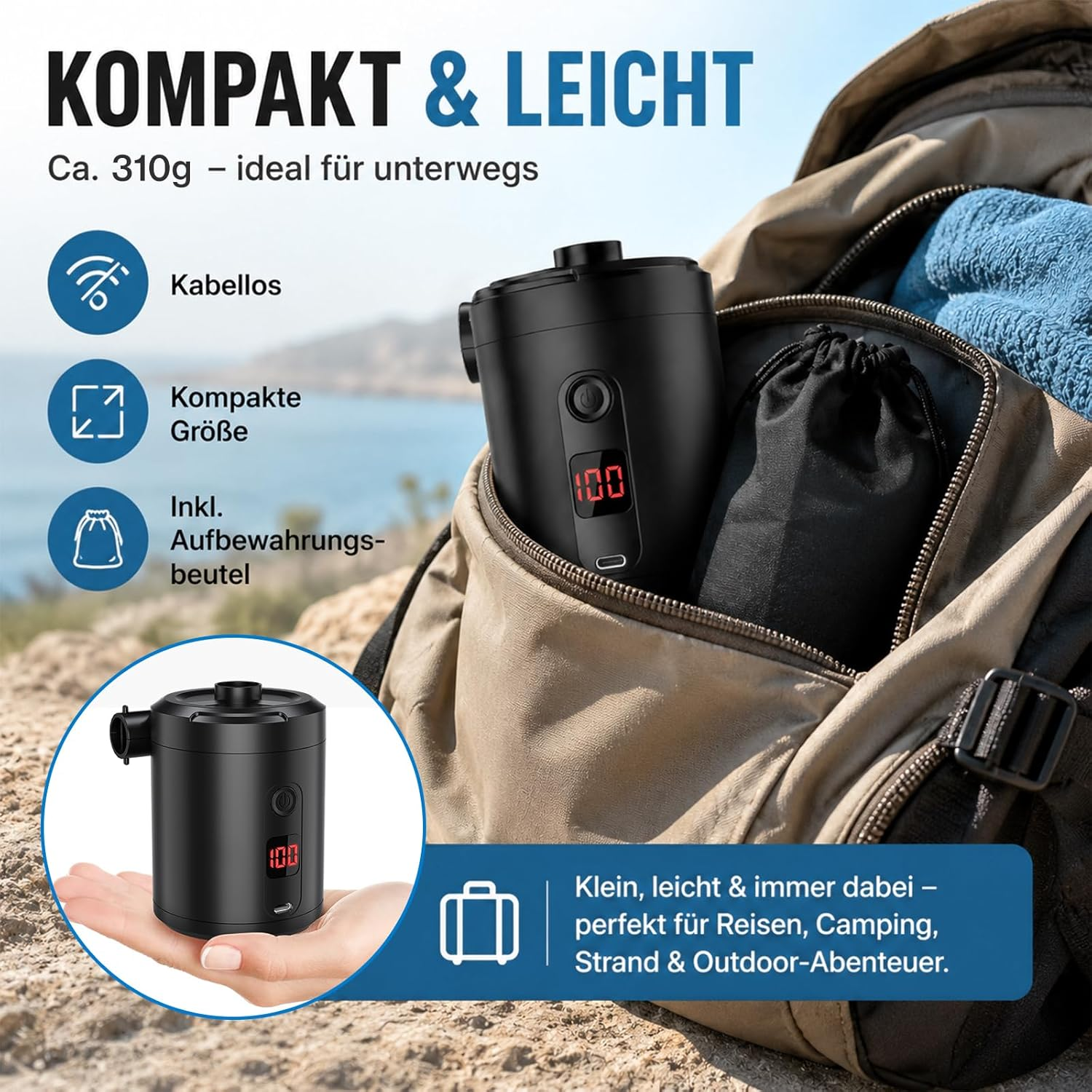 Schwarzer, kompakter Luftkompressor mit Display, in einer Tasche liegend.