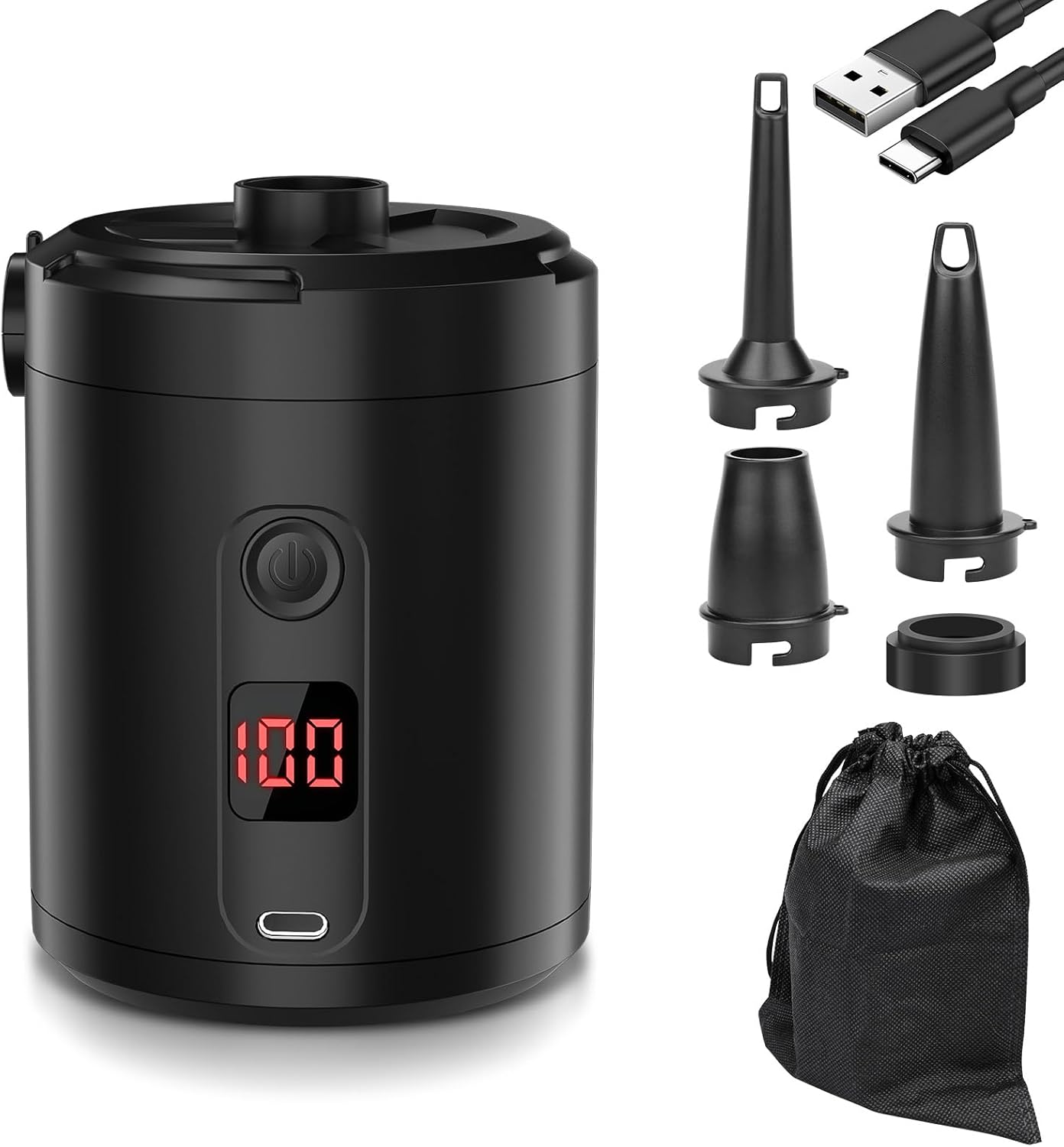 Schwarzer aufblasbarer Zylinder mit digitaler Anzeige, USB-Kabel, Düsen und Tasche.