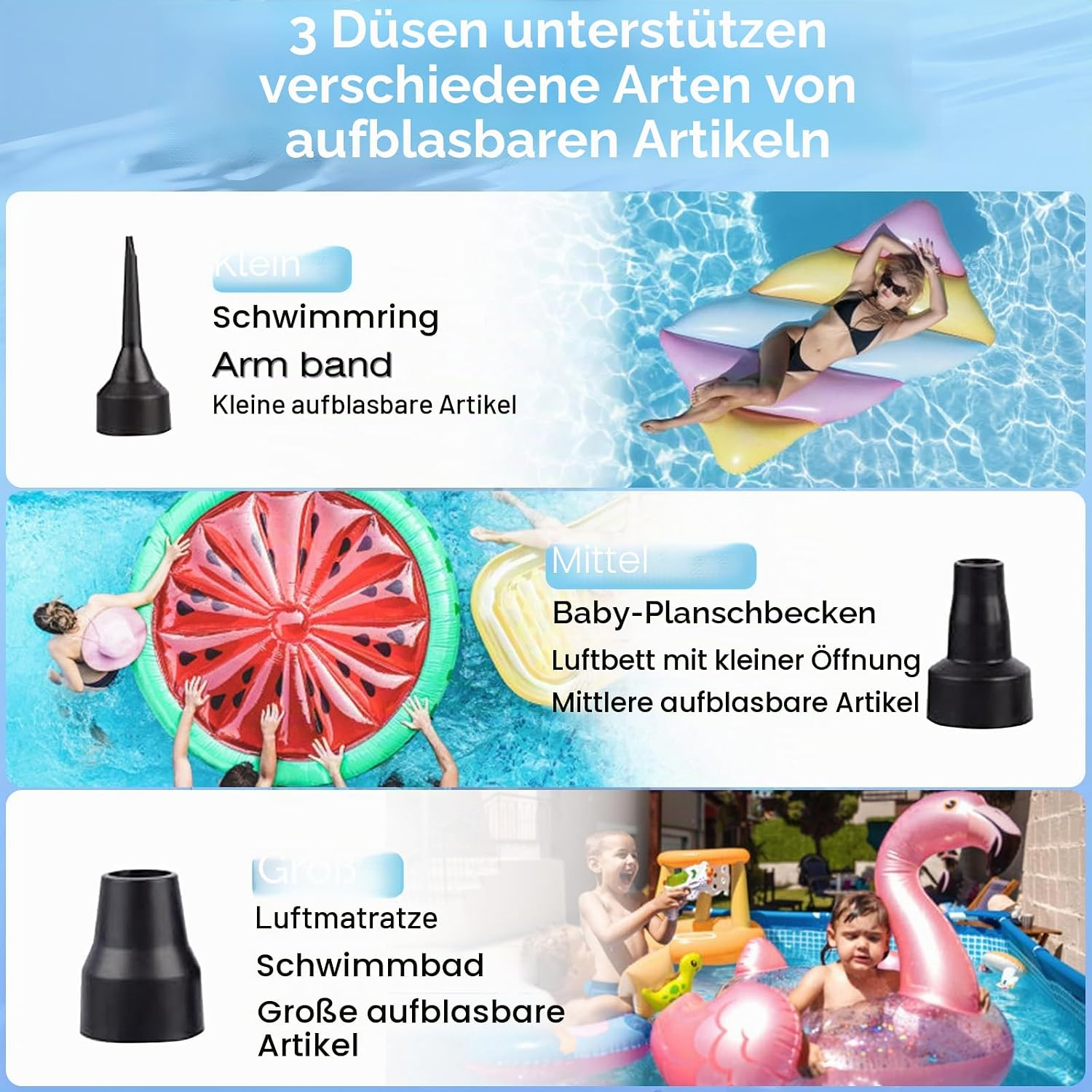 Drei Düsen für aufblasbare Artikel: Klein, Mittel und Groß.