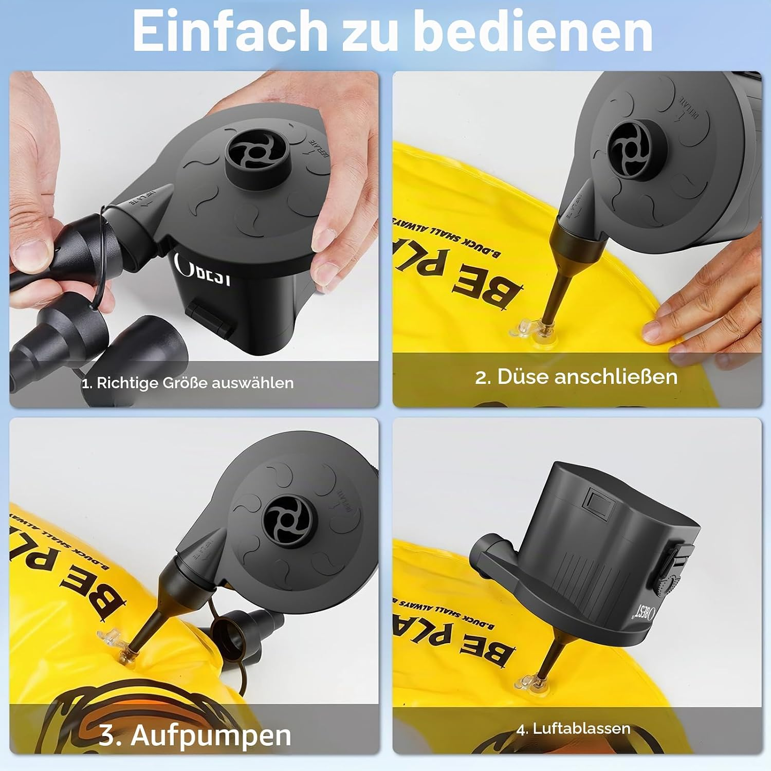 Schritt-für-Schritt-Anleitung zum Aufpumpen eines gelben Objekts mit einer schwarzen Pumpe.