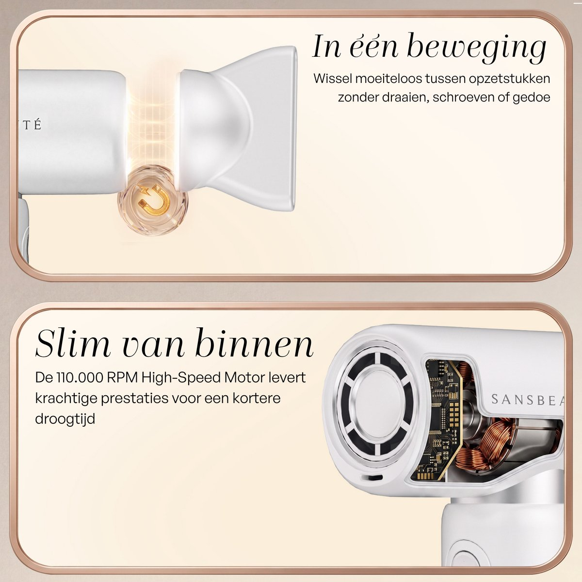 Ein weißer Haartrockner mit Magnetaufsätzen und einem offen gelegten Motor.