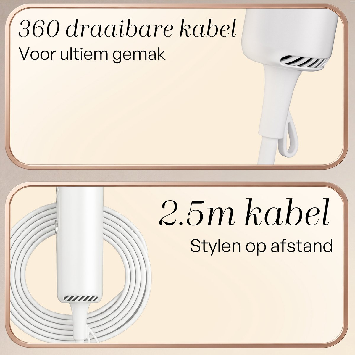 Ein weißer Haartrockner mit einem 360-Grad-drehbaren Kabel und einem 2,5-m-Kabel.