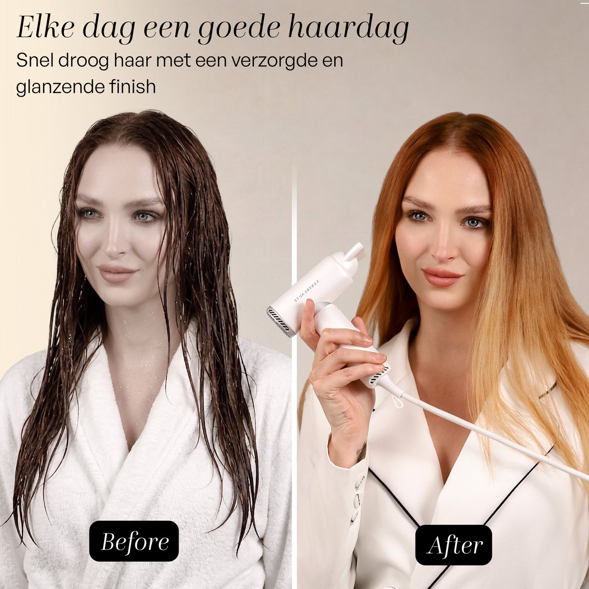 Vorher: Nasse Haare im Bademantel. Nachher: Trockene Haare mit Föhn.
