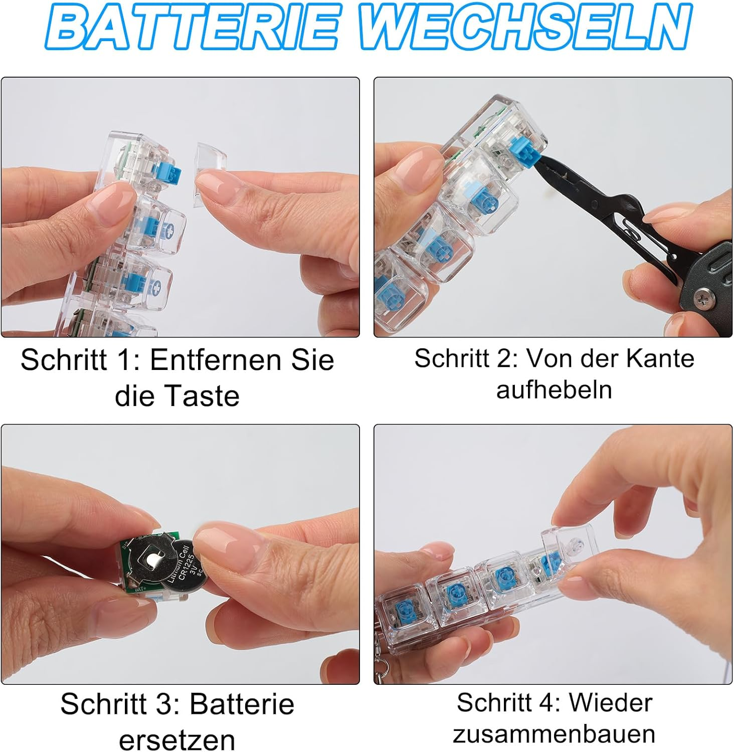 Anleitung zum Wechseln einer Batterie in einem transparenten Gehäuse mit blauen Schaltern.