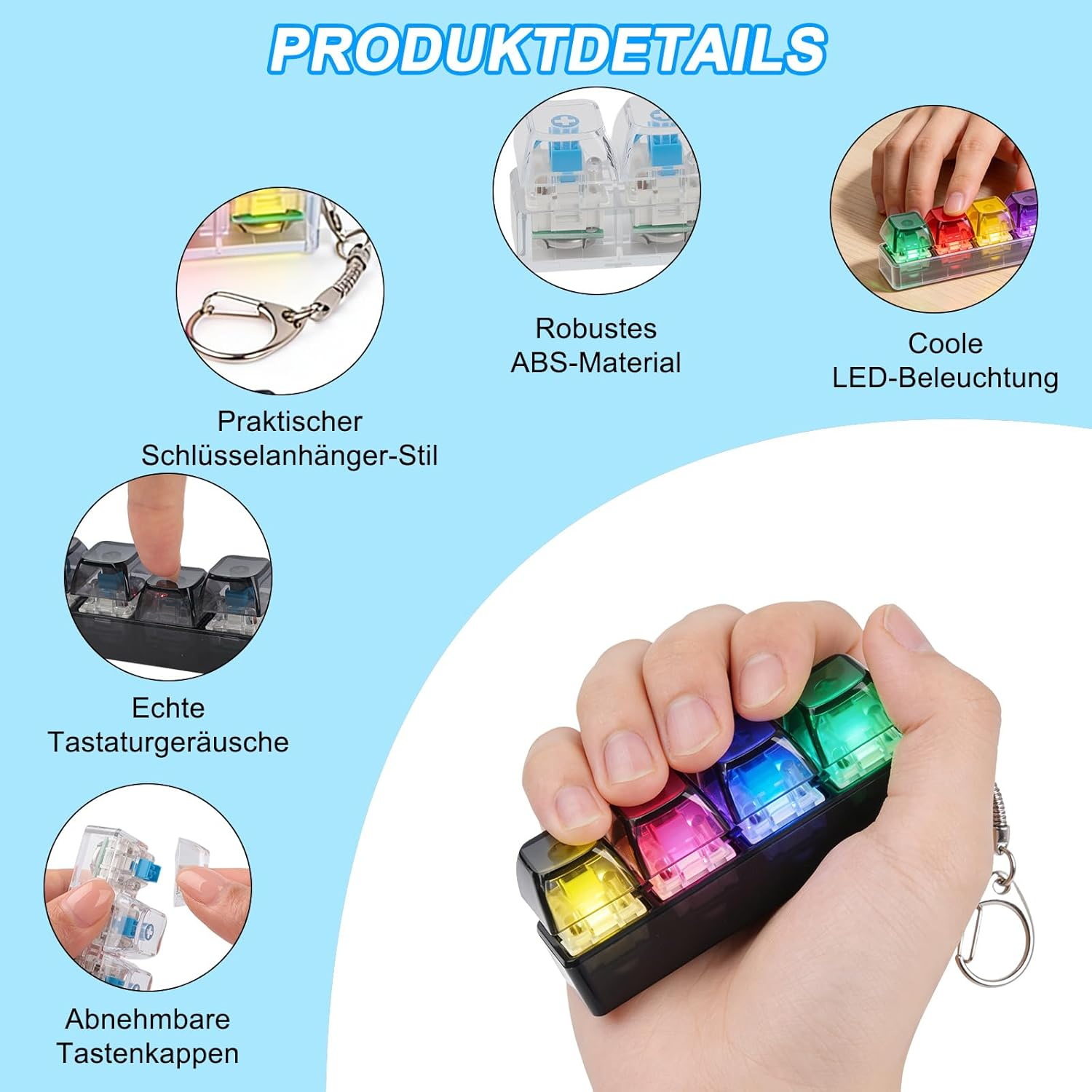 Hand hält Schlüsselanhänger mit bunten Tastenkappen und LED-Beleuchtung.