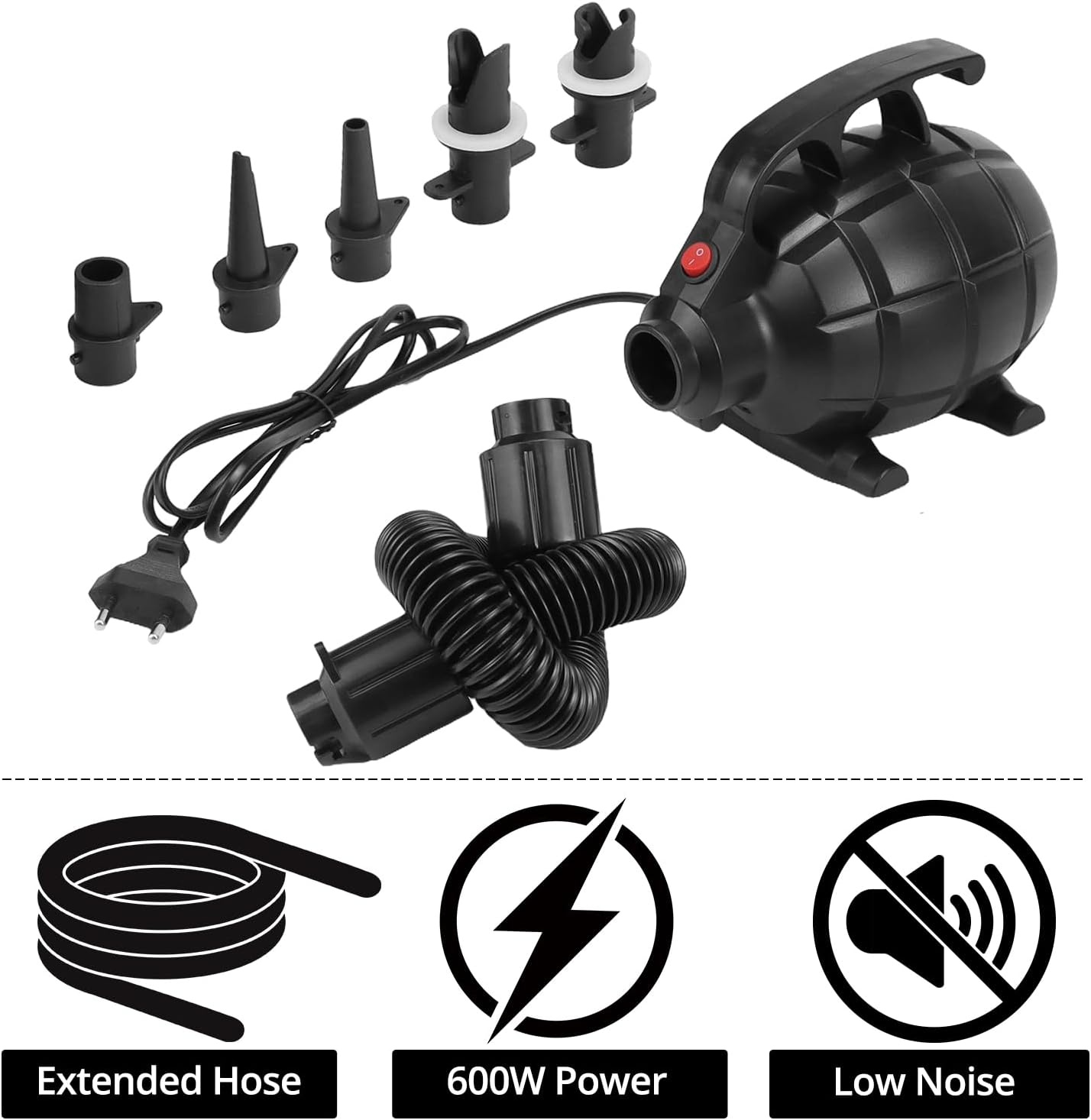 Schwarze elektrische Luftpumpe mit mehreren Düsen, Kabel und Schlauch. Symbole für erweiterten Schlauch, 600W Leistung, geringe Geräuschentwicklung.