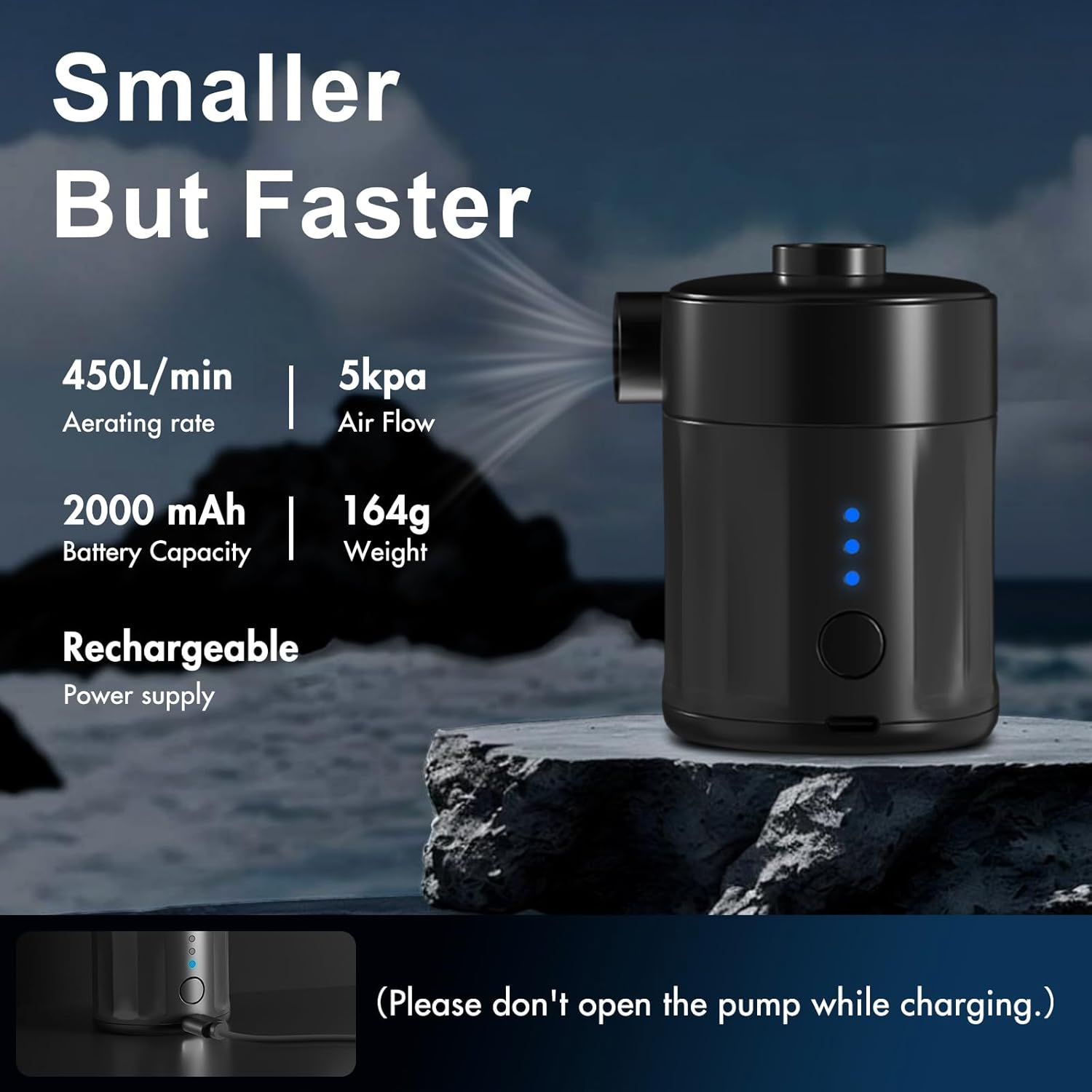 Schwarzer Luftpumpen, 450L/min Belüftungsrate, 5kpa Luftstrom, 2000 mAh Akku.
