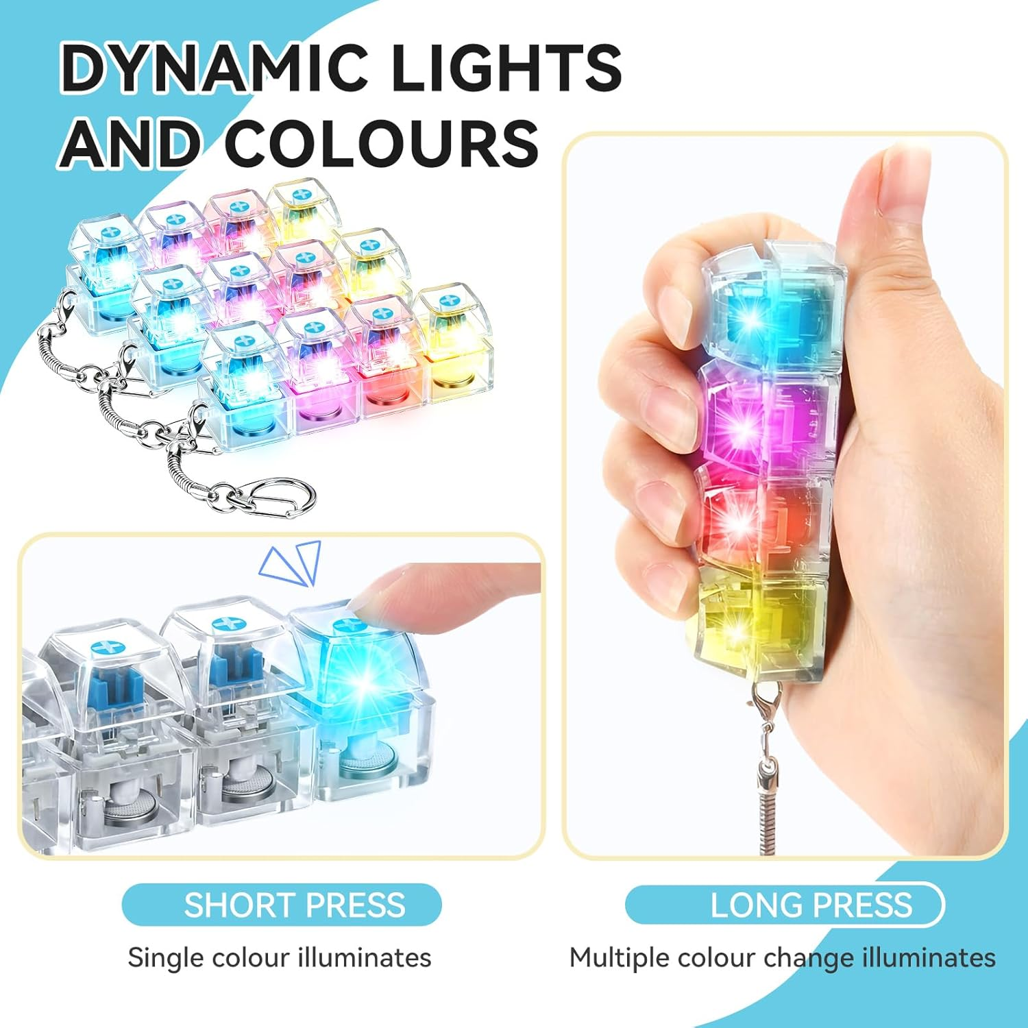Leuchtende Schlüsselanhänger mit dynamischen Lichtern und Farben, kurz und lang gedrückt.