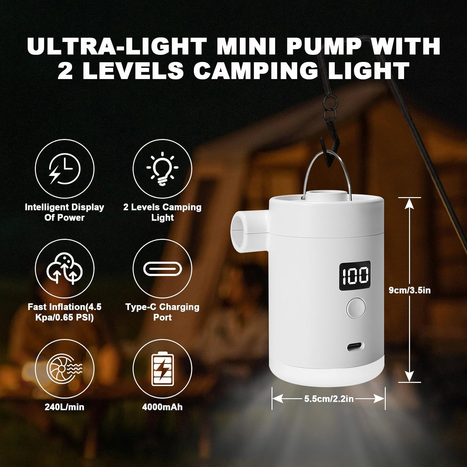 Ein weißer Mini-Luftpumpen-Campinglicht mit digitaler Anzeige, 9cm hoch.