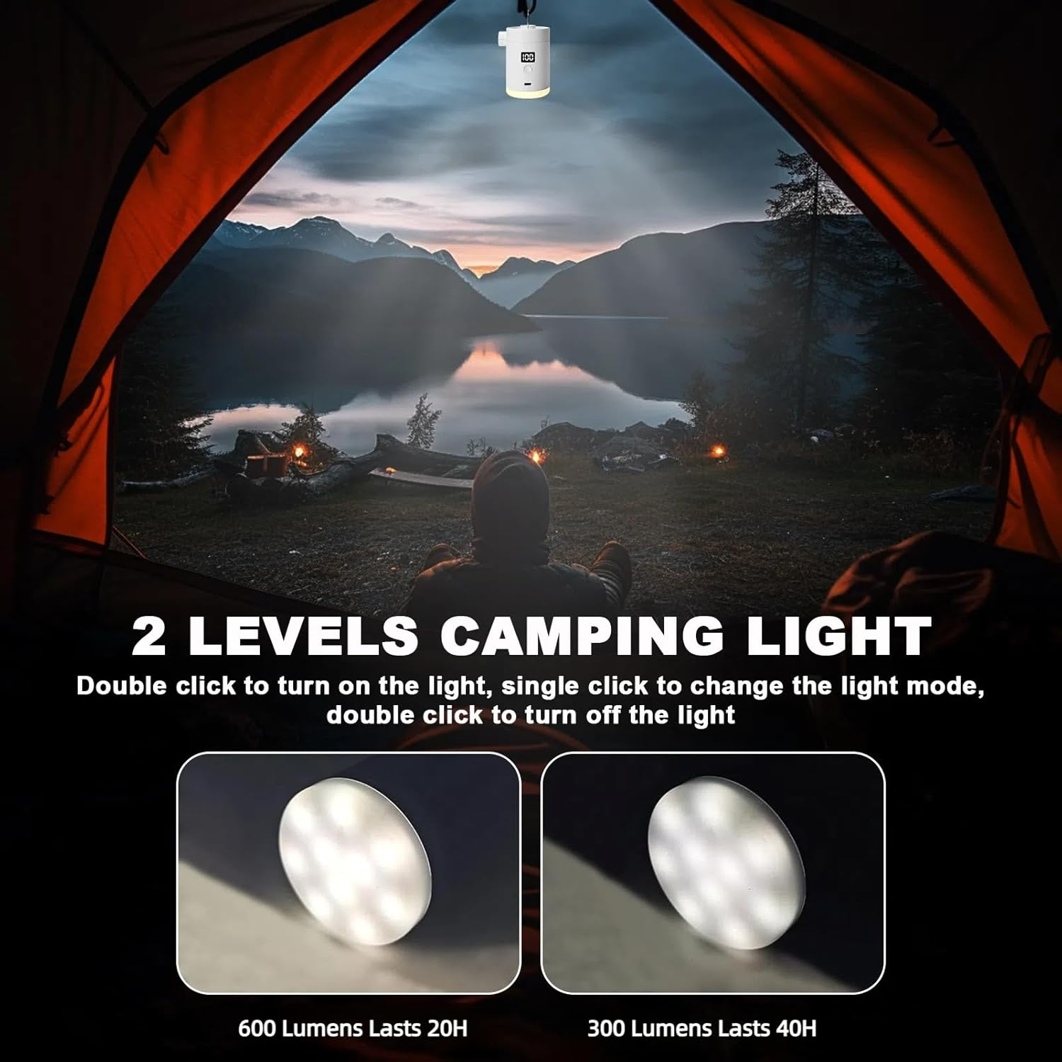 Blick aus einem Zelt auf einen See bei Sonnenuntergang mit Campinglicht.