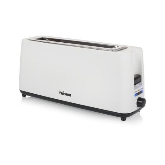 Ein weißer Tristar-Toaster mit zwei Schlitzen und einem Drehregler.