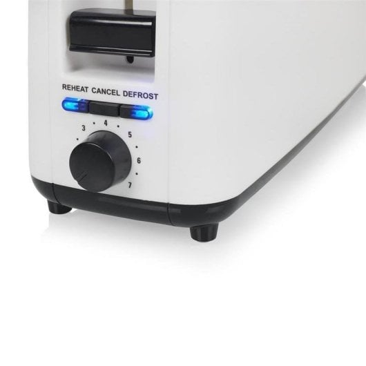 Nahaufnahme eines weißen Toasters mit schwarzem Drehknopf und blauen Leuchten.