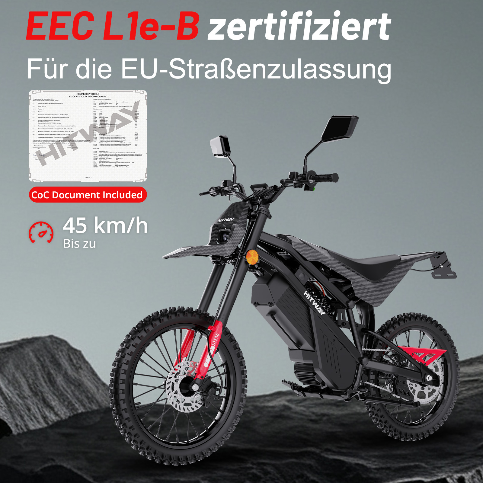 Schwarzes Elektromotorrad mit EU-Zulassung, 45 km/h, CoC-Dokument.
