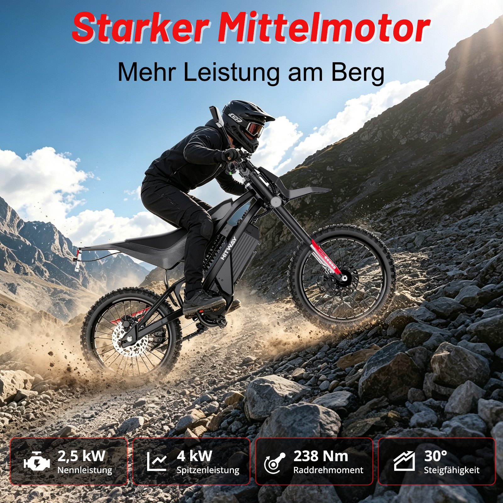 Ein Mann fährt ein E-Bike auf einem felsigen Bergpfad. Es hat 2,5 kW Nennleistung.