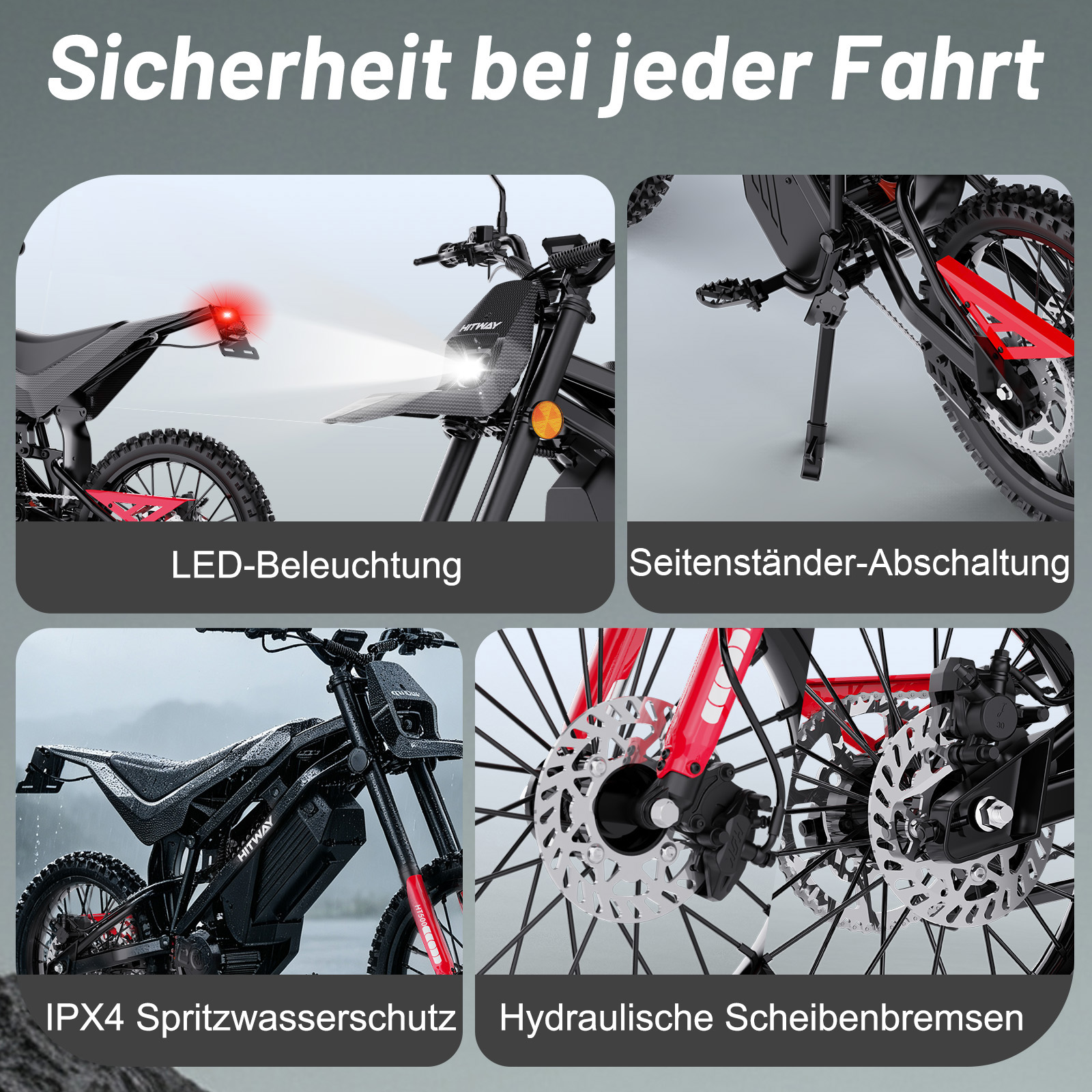 Collage zeigt E-Bike Features: LED-Licht, Seitenständer, IPX4, Scheibenbremsen.