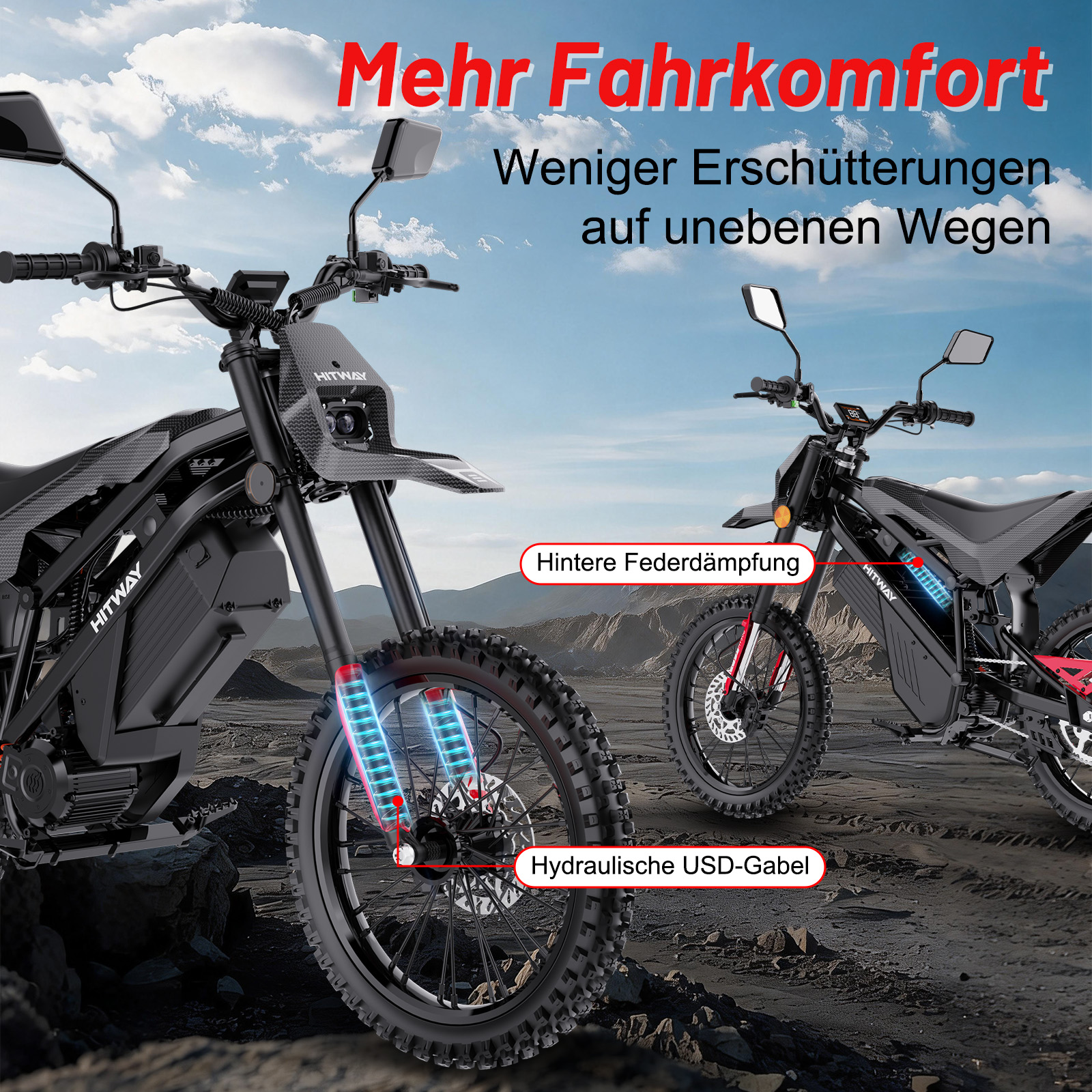 Zwei schwarze E-Bikes im Gelände, mit Fokus auf Federungselemente.