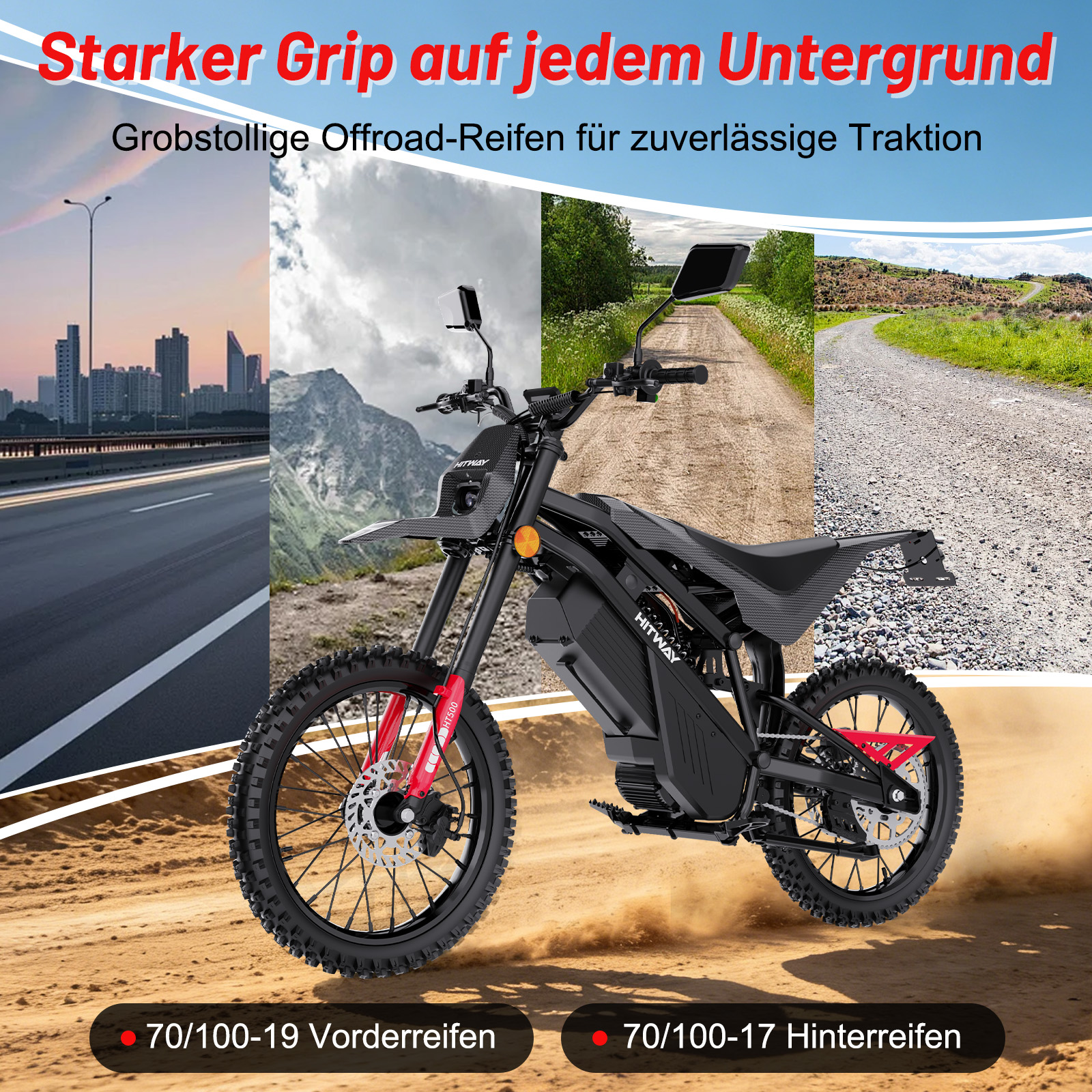 Ein schwarzes E-Bike mit grobstolligen Reifen steht vor einer Collage aus Landschaften.