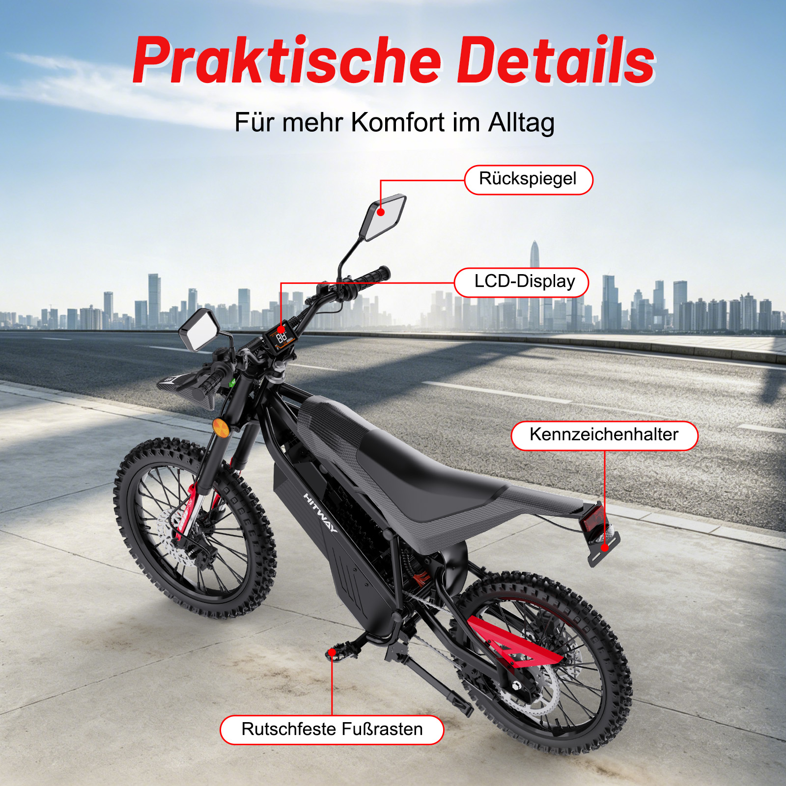 Schwarzes E-Bike mit LCD-Display, Rückspiegel, Kennzeichenhalter.