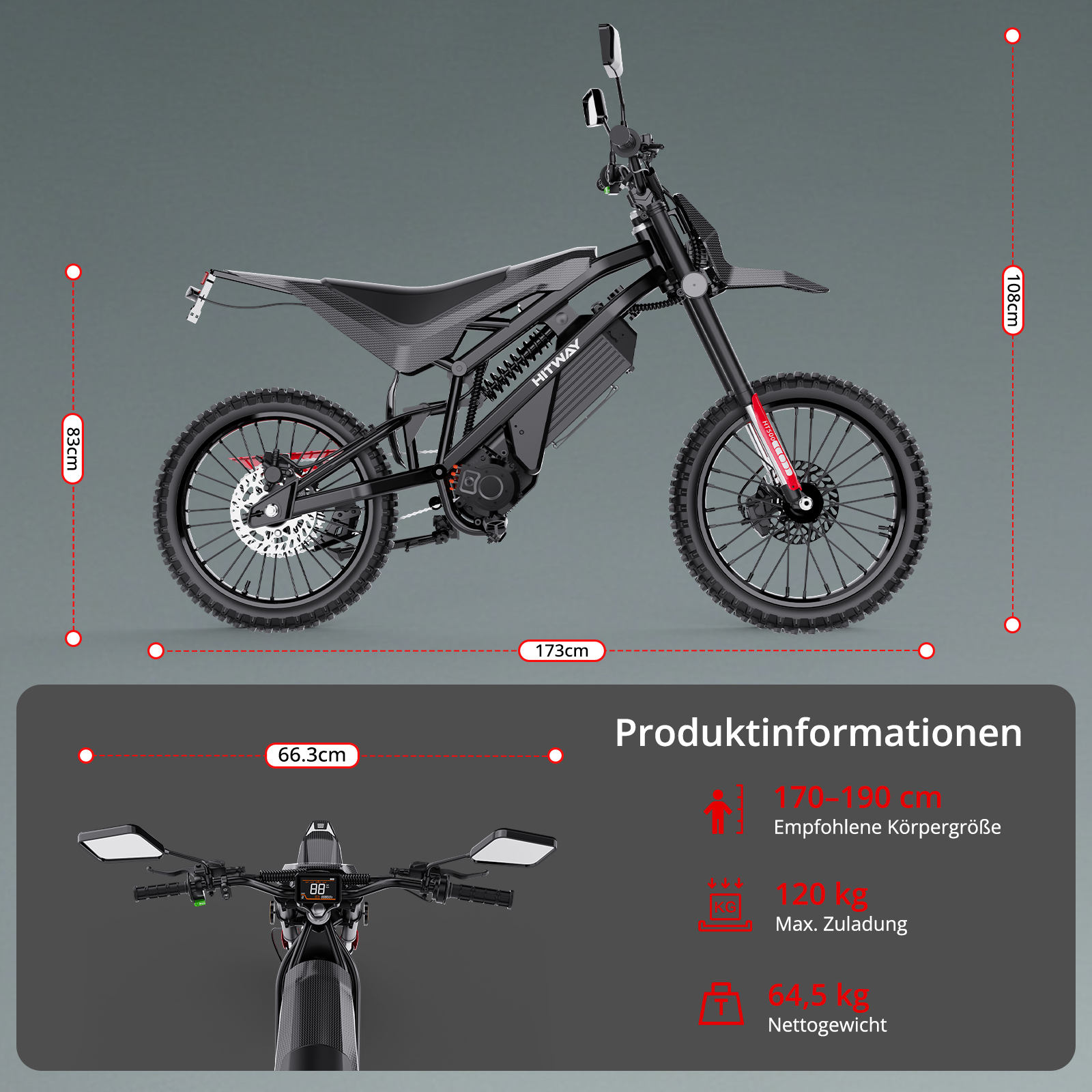 Ein schwarzes E-Motorrad mit Maßen: 173cm L, 83cm H, 108cm H. Max. Zuladung 120kg.