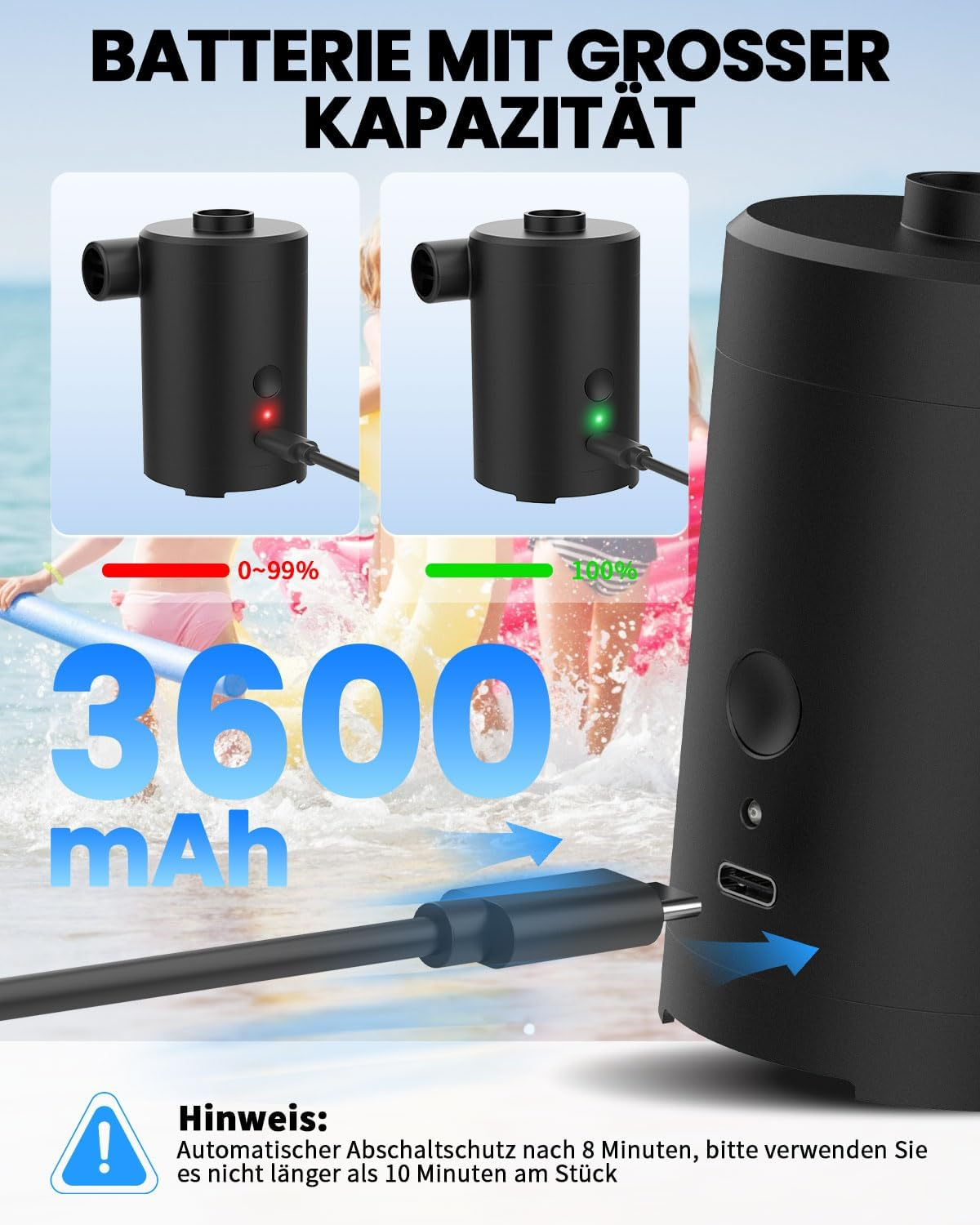 Schwarzer Akku mit 3600 mAh, wird über USB-C geladen. Zeigt Ladestatus an.