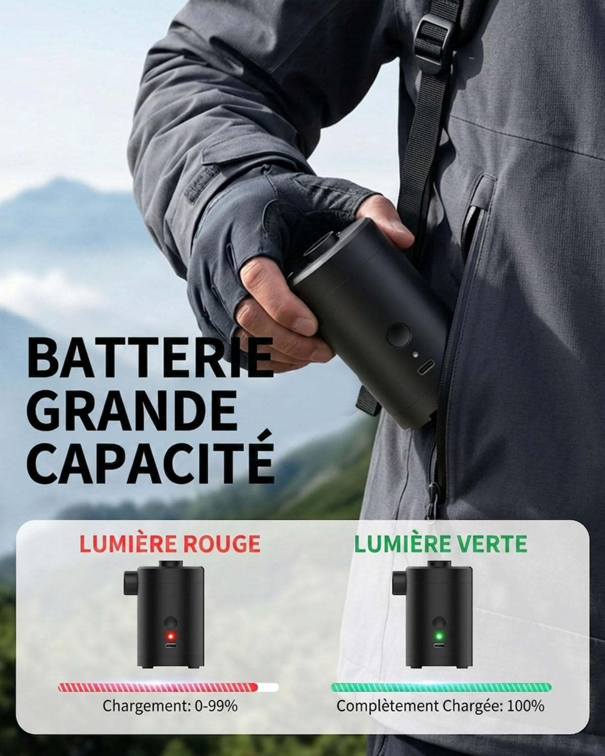 Person hält schwarzes Gerät. Rotes Licht = Laden, Grünes Licht = Vollständig geladen.