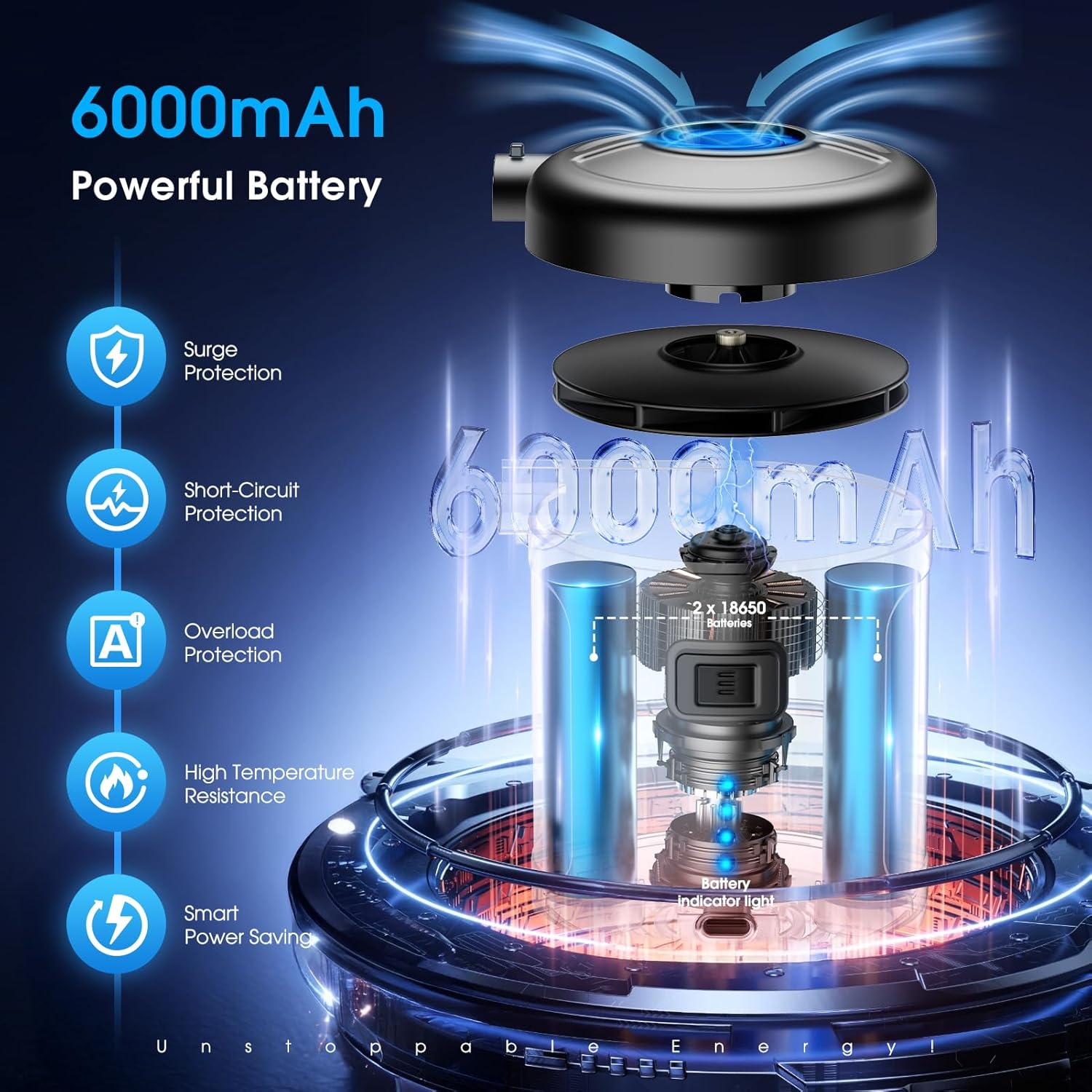 Explosionsdarstellung einer 6000mAh-Batterie mit 2x 18650-Zellen und Schutzfunktionen.