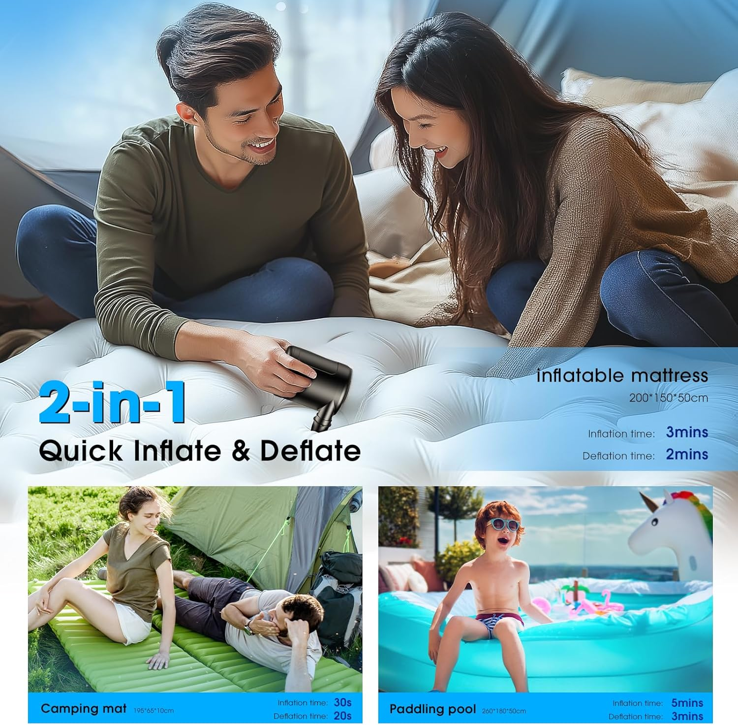 Mann und Frau auf aufblasbarer Matratze, Paar beim Camping, Kind im Pool.