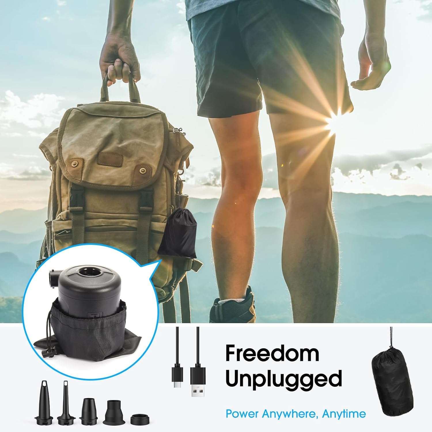 Rucksack und tragbare Pumpe mit Zubehör für Outdoor-Abenteuer. Sonnenfackel.